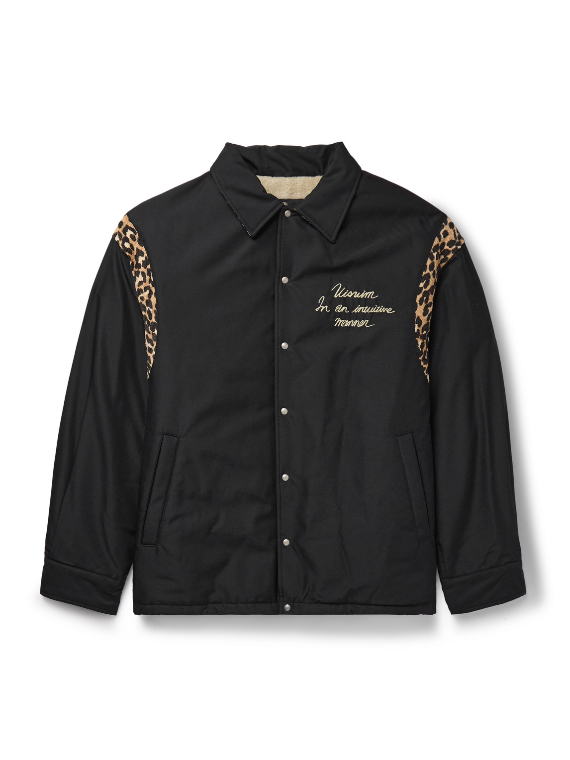 Visvim Coach Leopard-print Cotton-moleskin Trimmed Wool And Silk-blend Twill Jacket In Black