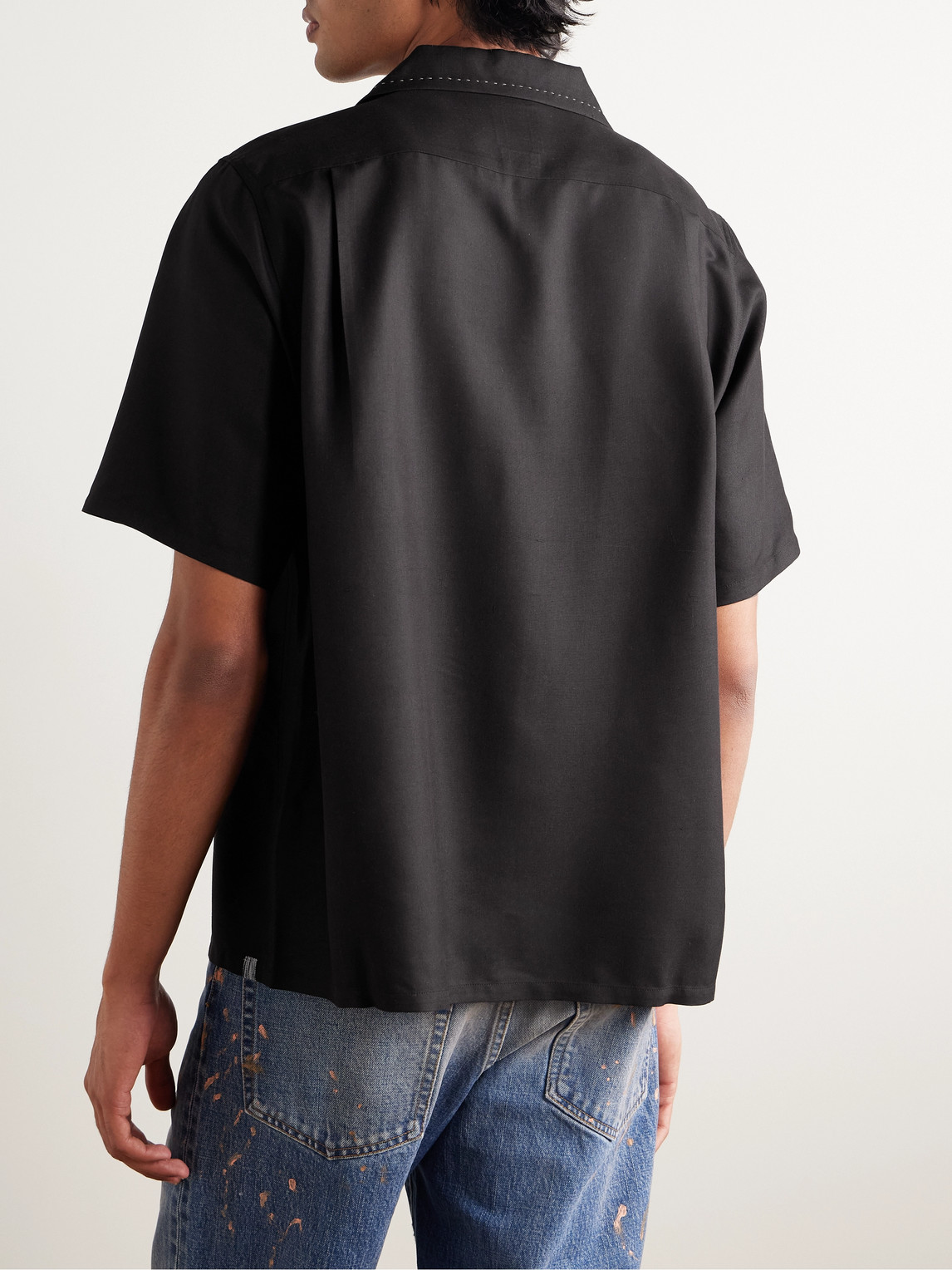 Shop Visvim Keesey Convertible-collar Embroidered Appliquéd Silk-shantung Shirt In Black