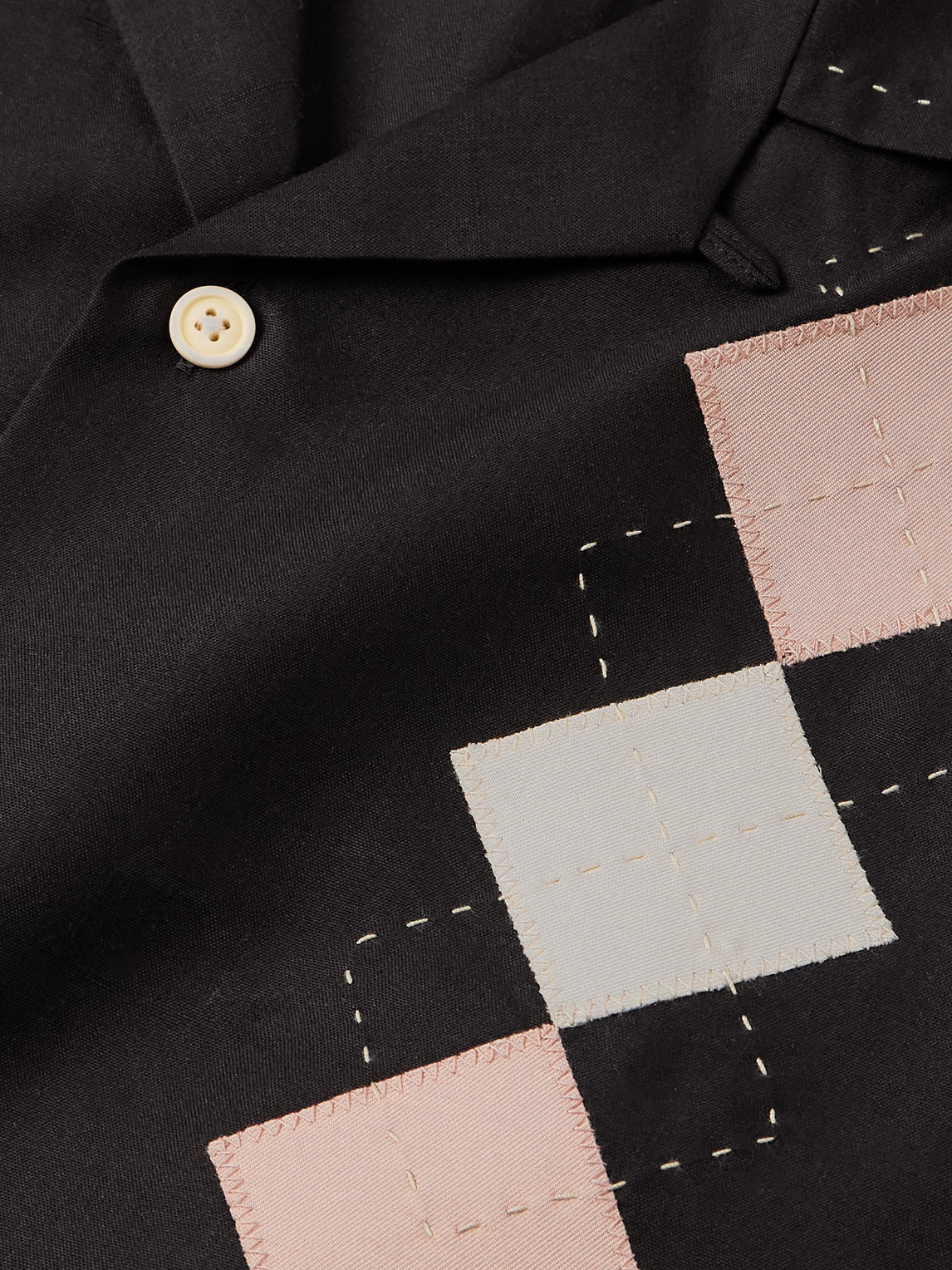 VISVIM KEESEY CONVERTIBLE-COLLAR EMBROIDERED APPLIQUÉD SILK-SHANTUNG SHIRT