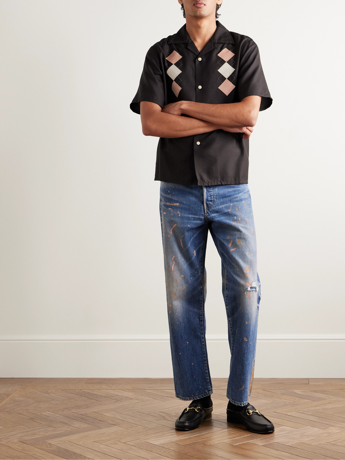 Shop Visvim Keesey Convertible-collar Embroidered Appliquéd Silk-shantung Shirt In Black