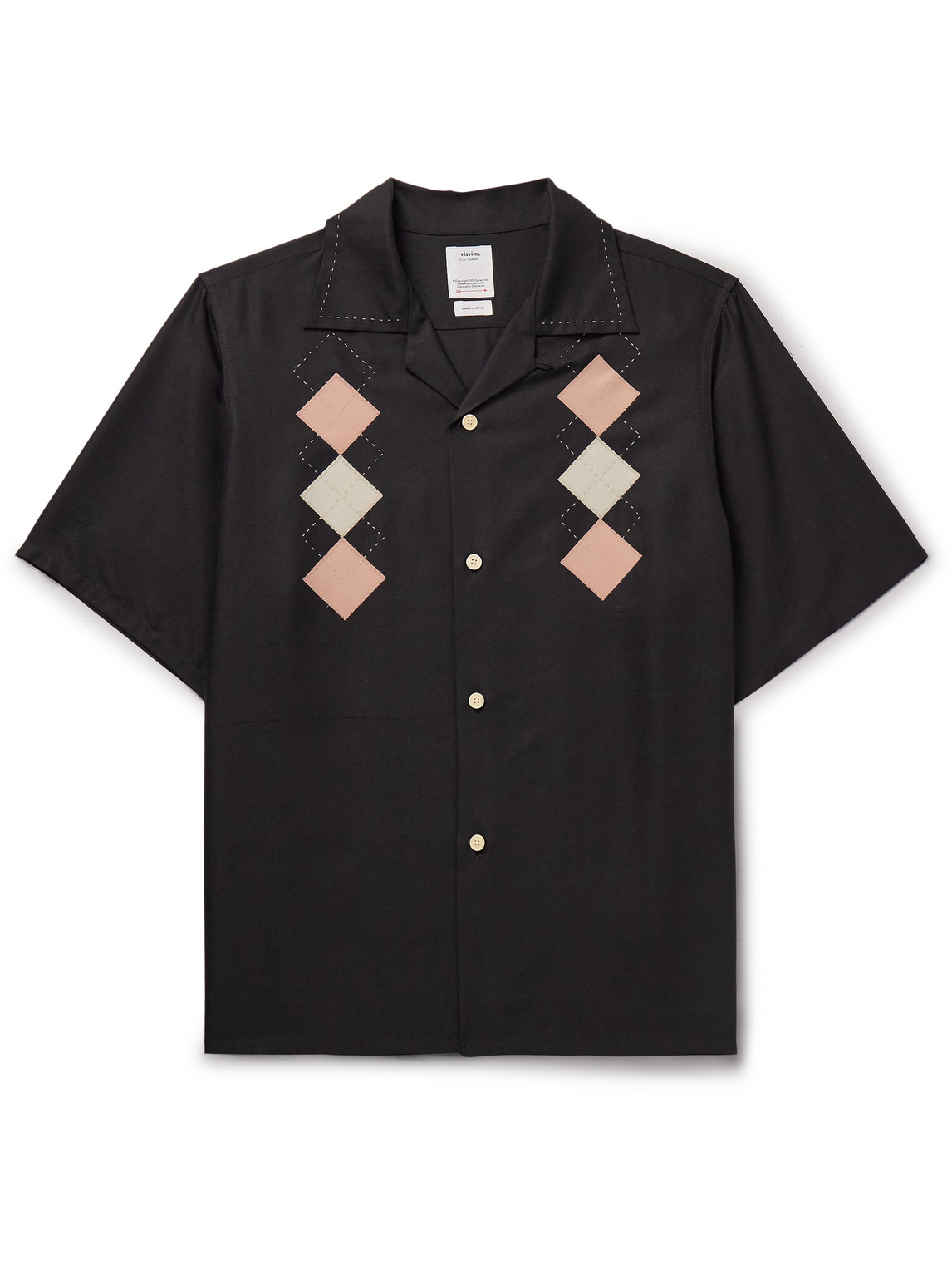 Shop Visvim Keesey Convertible-collar Embroidered Appliquéd Silk-shantung Shirt In Black