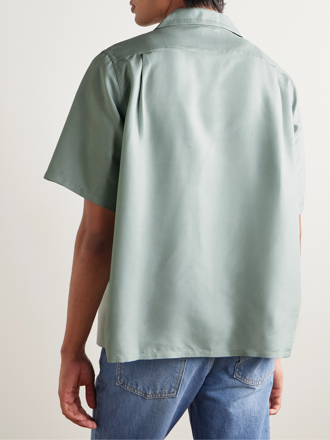 VISVIM KEESEY CONVERTIBLE-COLLAR EMBROIDERED APPLIQUÉD SILK-SHANTUNG SHIRT