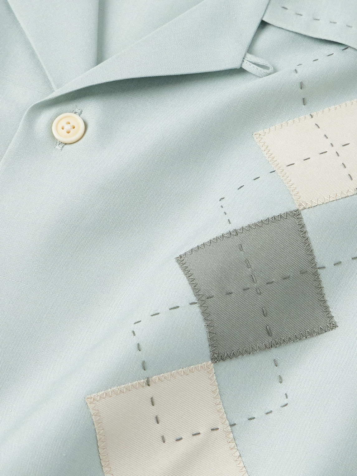 VISVIM KEESEY CONVERTIBLE-COLLAR EMBROIDERED APPLIQUÉD SILK-SHANTUNG SHIRT