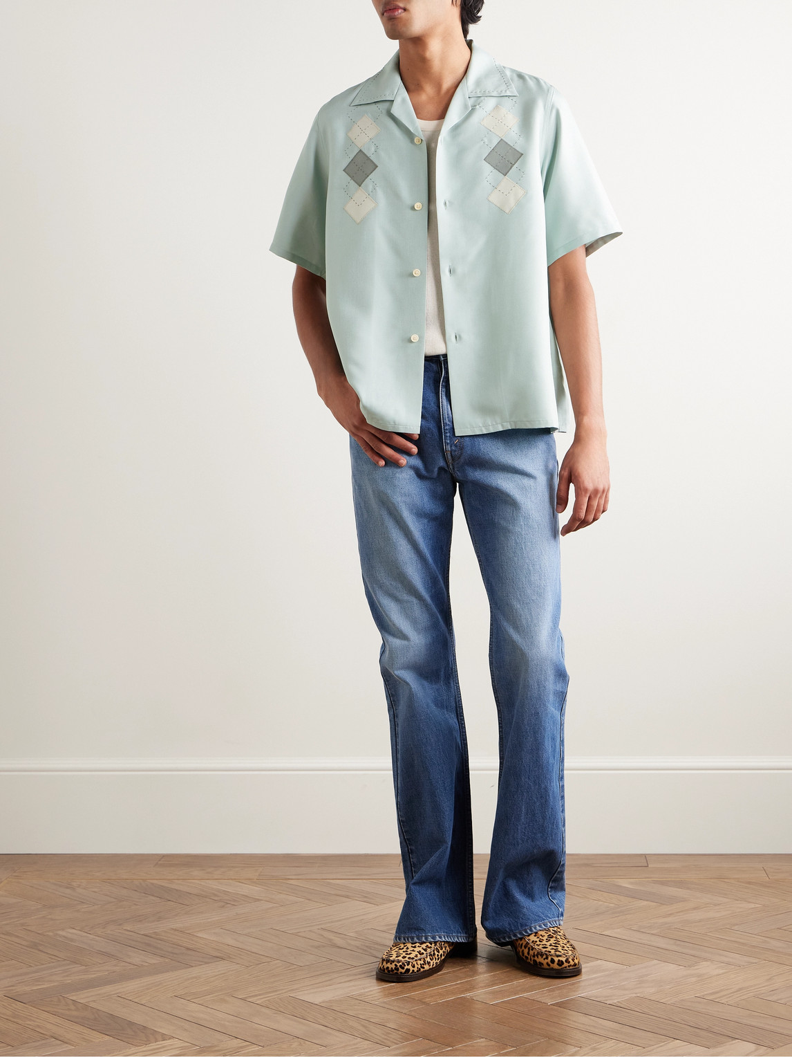 VISVIM KEESEY CONVERTIBLE-COLLAR EMBROIDERED APPLIQUÉD SILK-SHANTUNG SHIRT