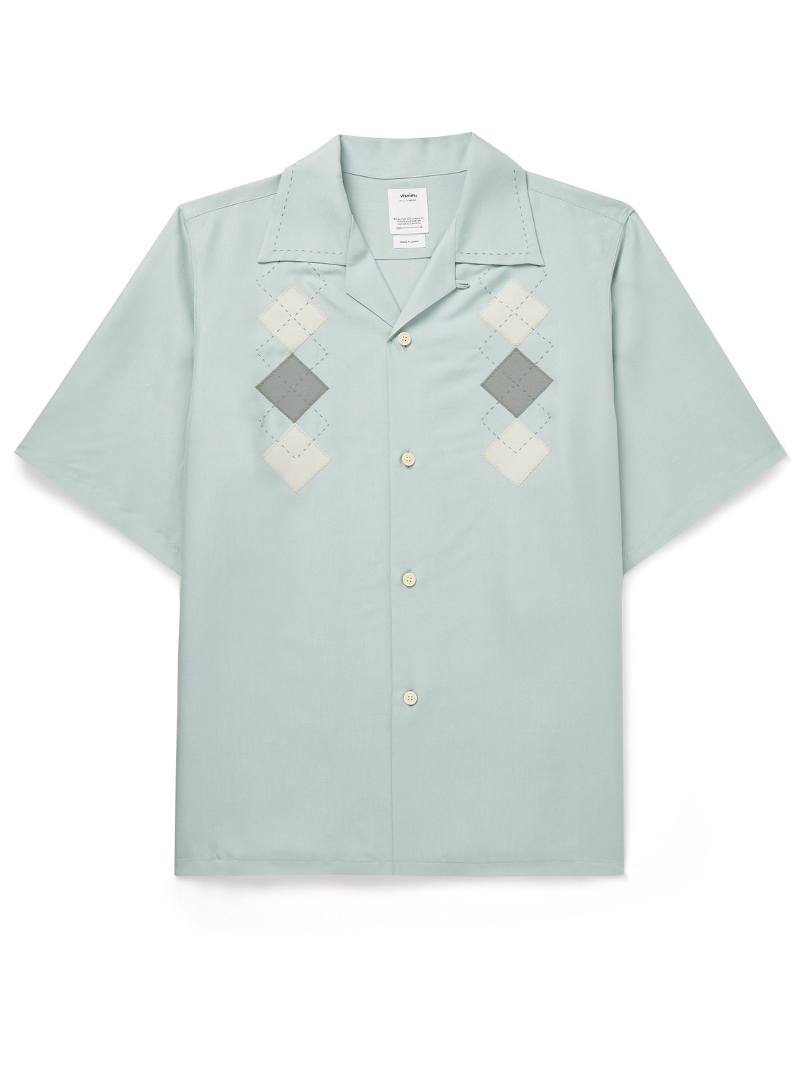 VISVIM KEESEY CONVERTIBLE-COLLAR EMBROIDERED APPLIQUÉD SILK-SHANTUNG SHIRT