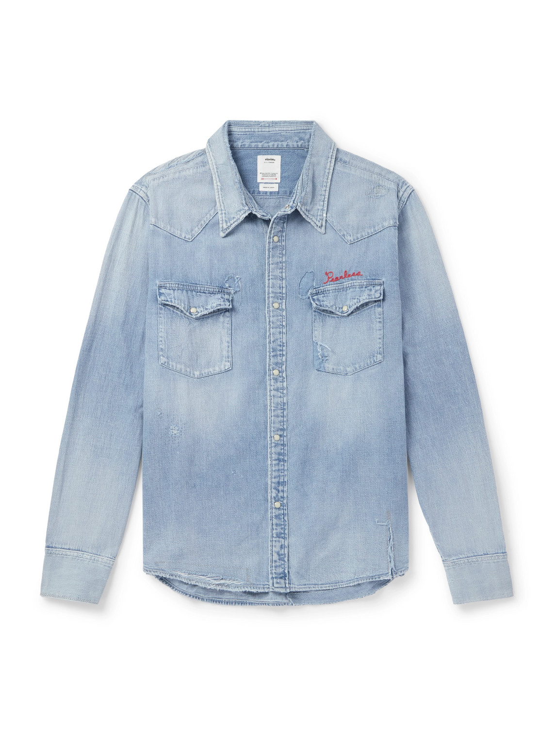 Peerless Distressed Logo-Embroidered Washed-Denim Shirt