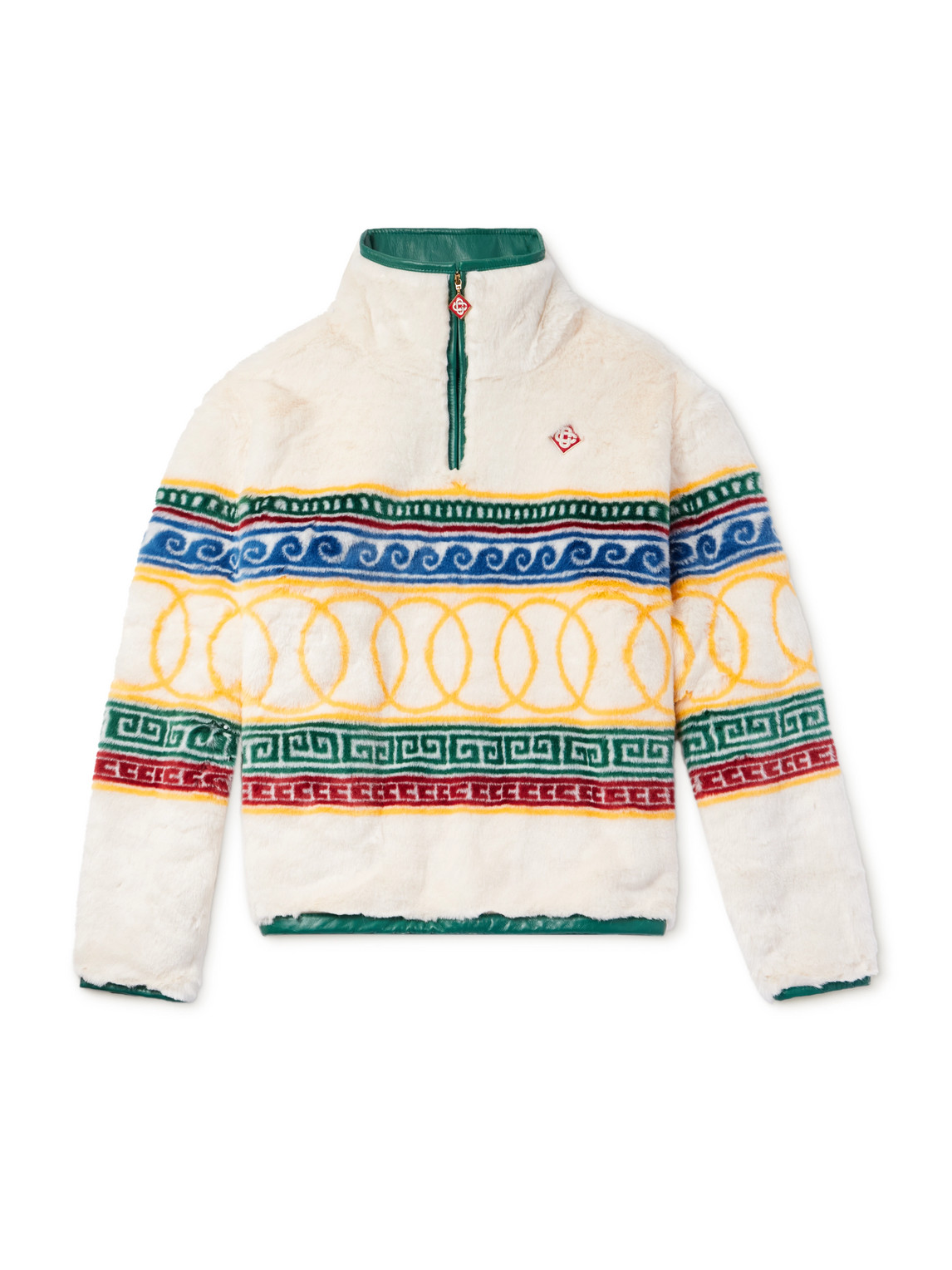 Casablanca Logo-appliquéd Leather-trimmed Jacquard Faux Fur Sweater In Neutrals