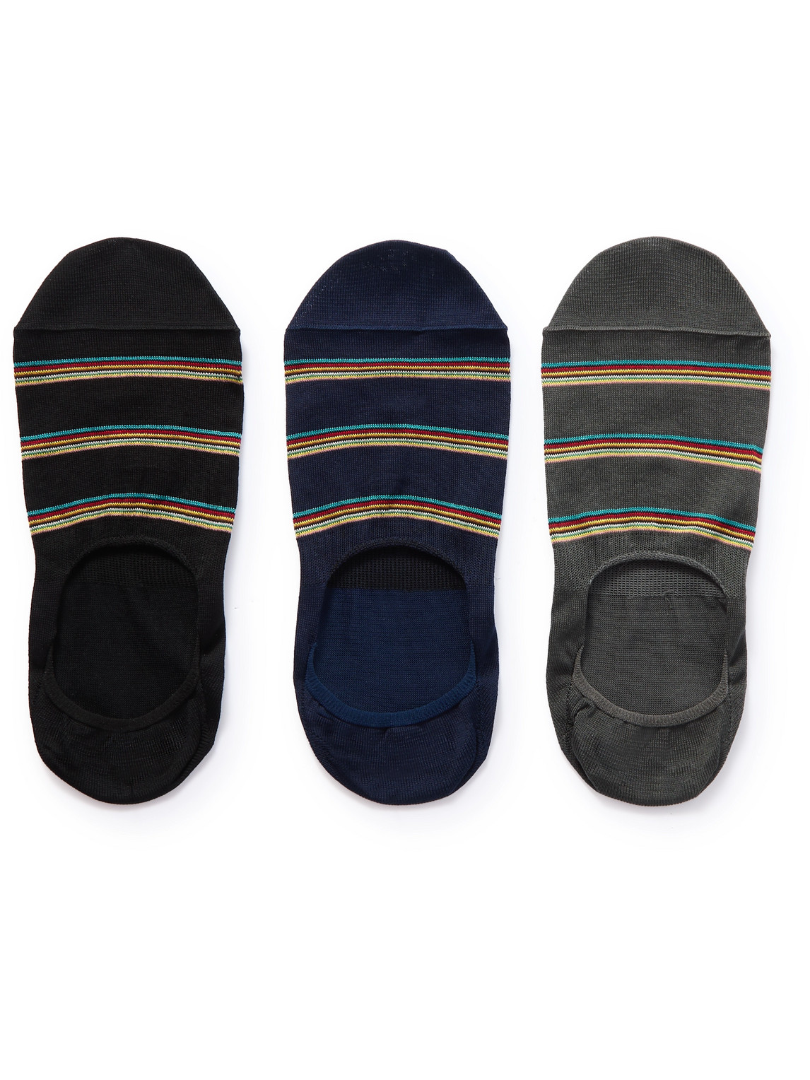 Three-Pack No-Show Striped Organic Cotton-Blend Socks