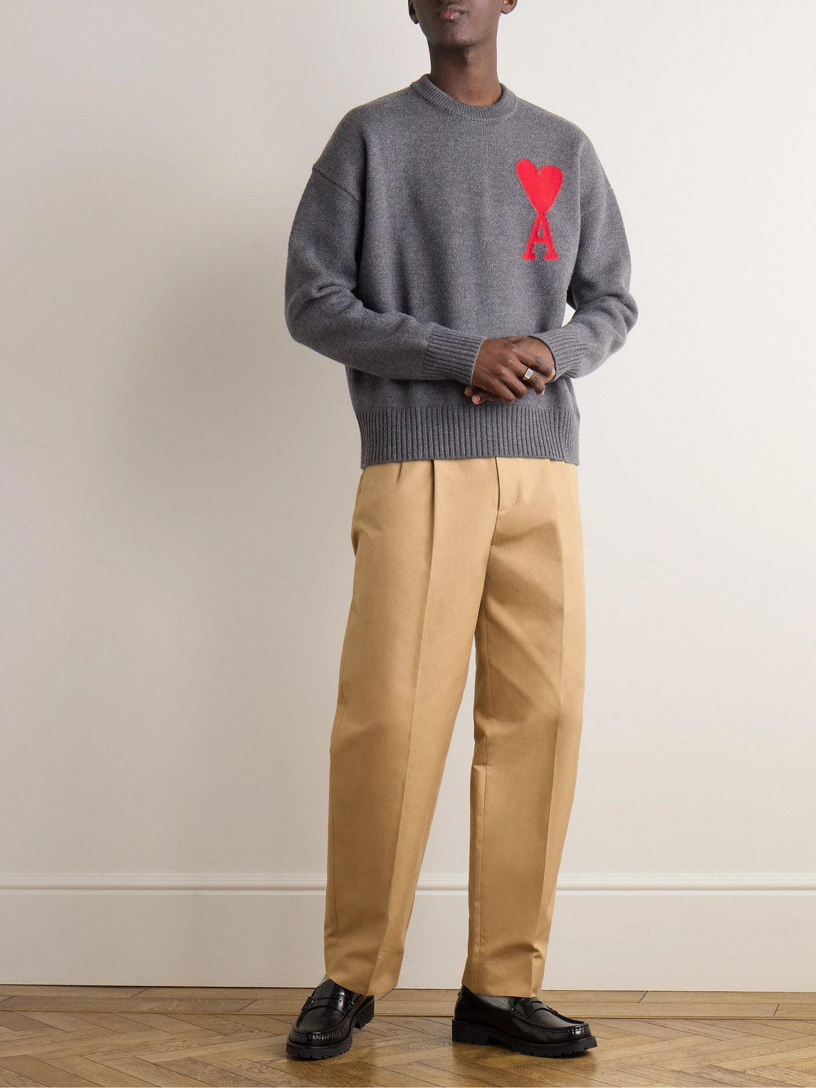 Shop Ami Alexandre Mattiussi Logo-intarsia Virgin Wool Sweater In Gray