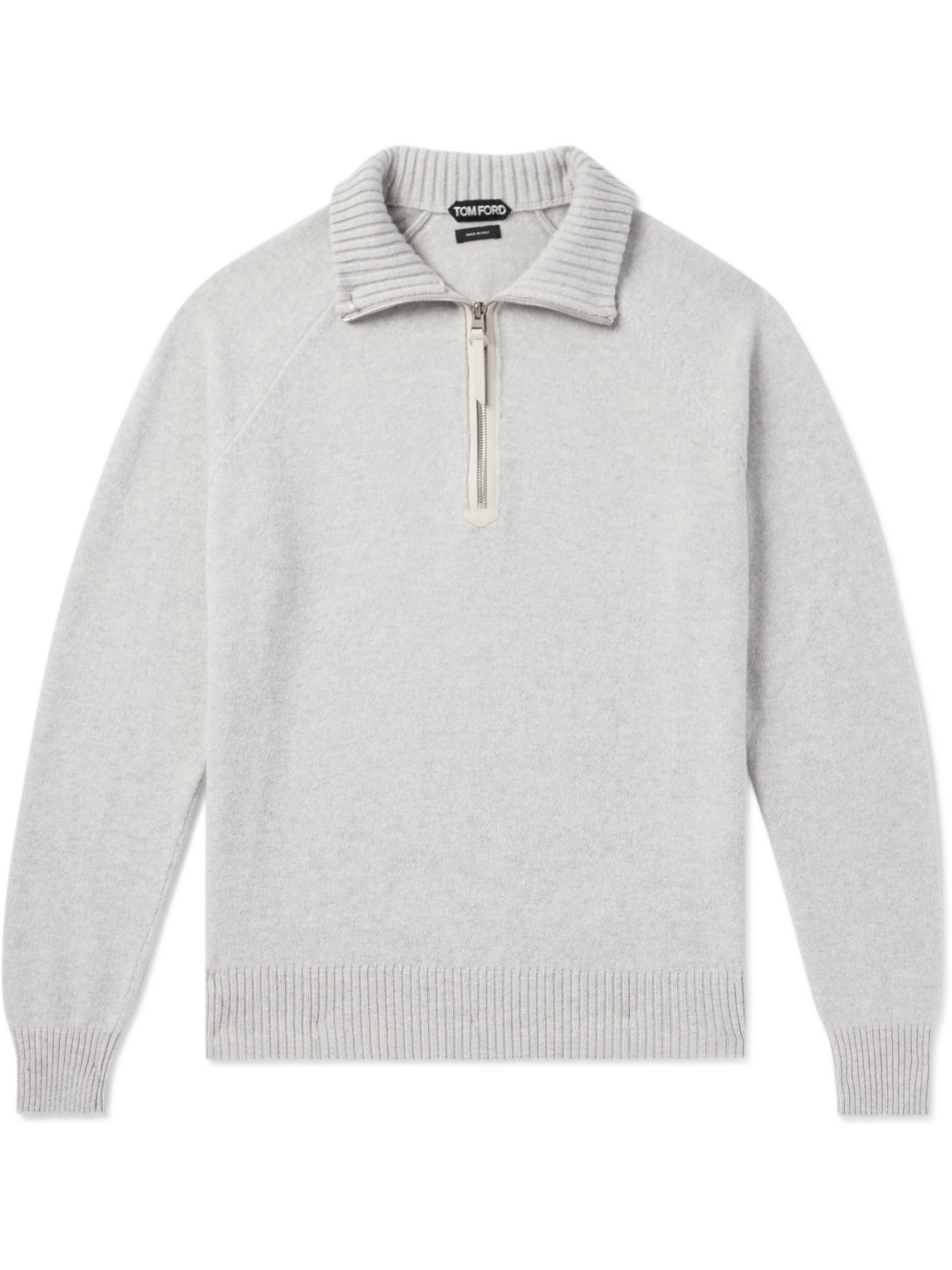 Tom Ford Slim-fit Leather-trimmed Wool And Cashmere-blend Half-zip Sweater In Gray