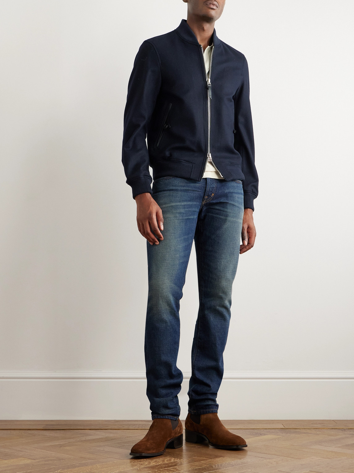 Tom Ford | Navy | Leather-Trimmed Wool-Felt Bomber Jacket - Men_