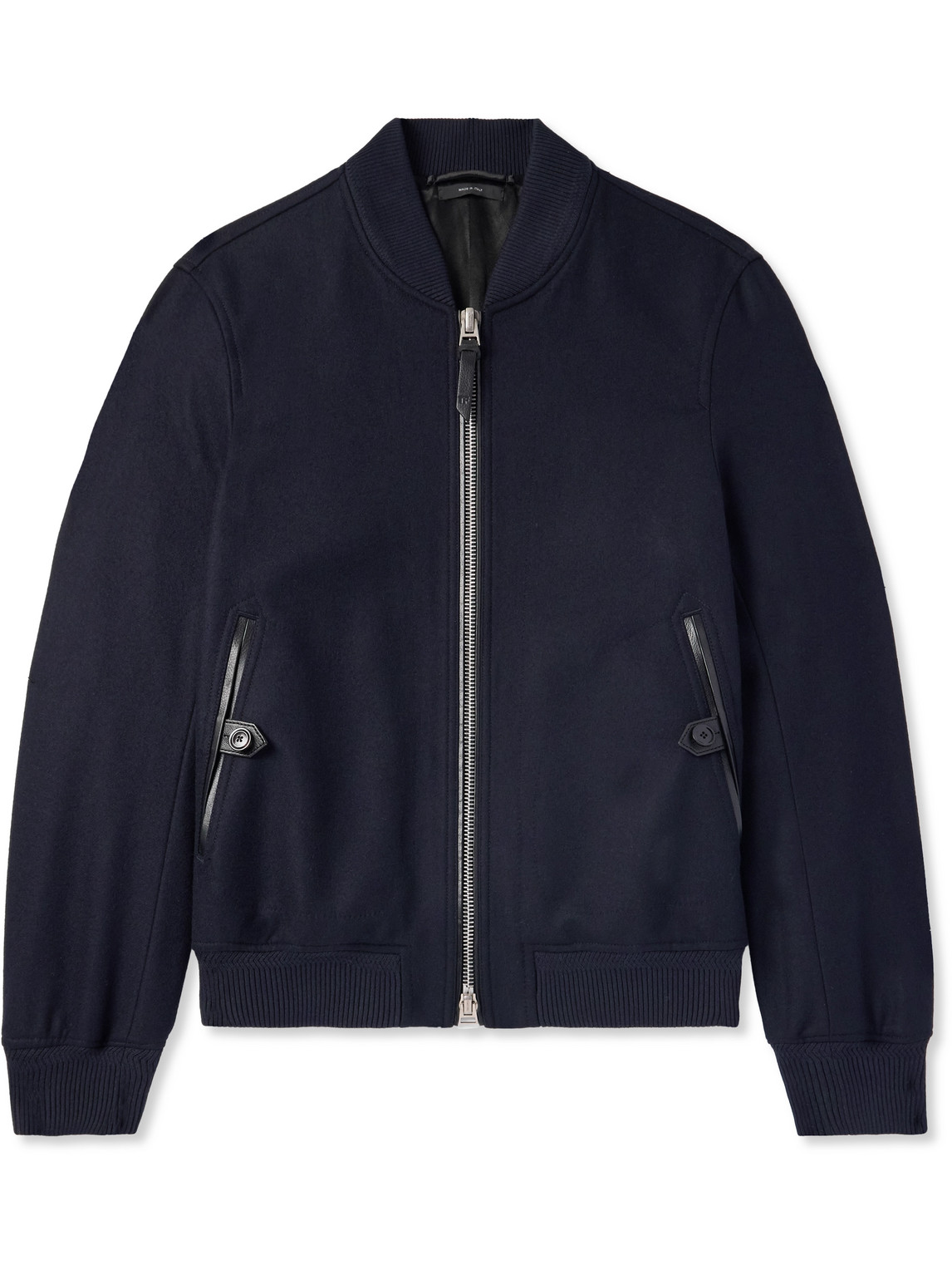 Tom Ford Leather-trimmed Wool-felt Bomber Jacket In Blue
