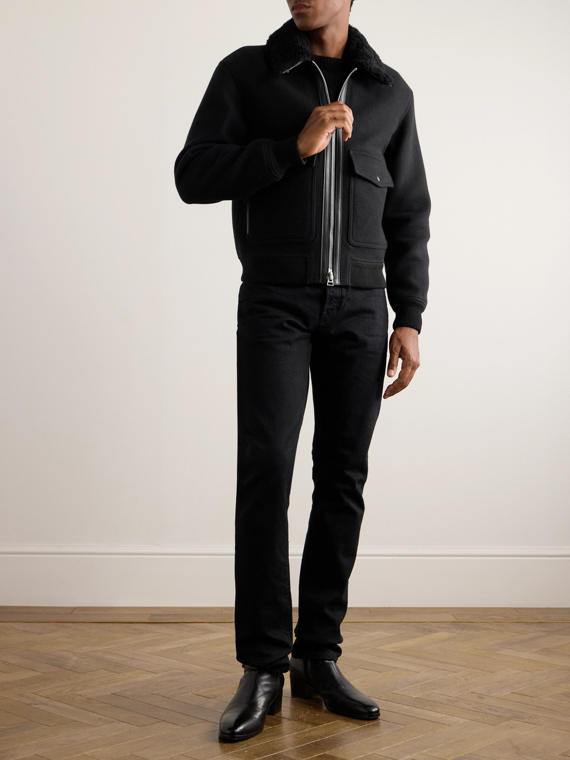 Tom Ford Men's Double-face Wool Blend Jacket With Removable Shearling Collar In Black