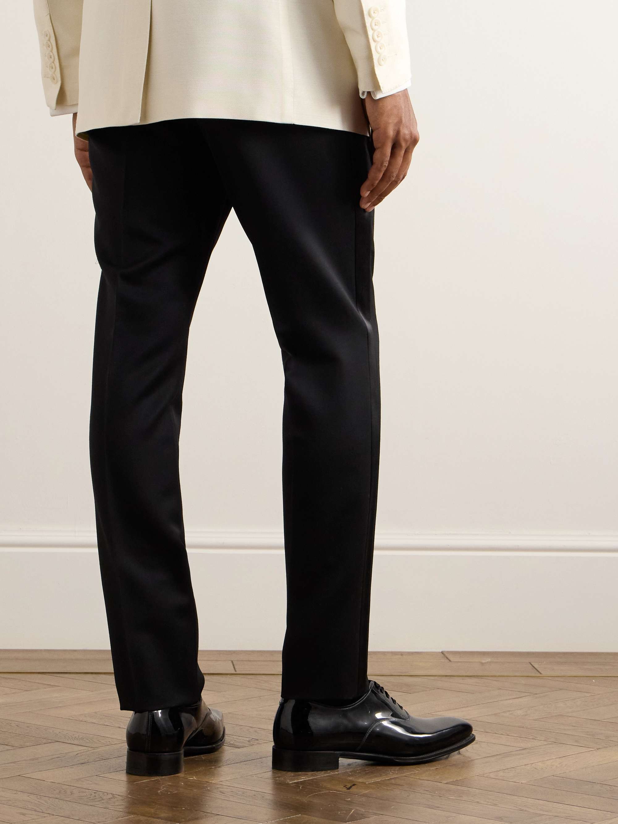 Black Straight-Leg Belted Satin-Trimmed Wool and Mohair