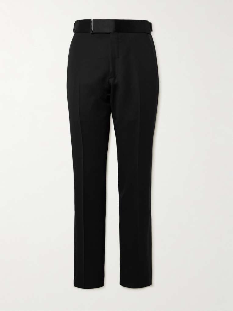 Tom Ford — Straight-Leg Belted Satin-Trimmed Wool and Mohair-Blend Tuxedo Trousers