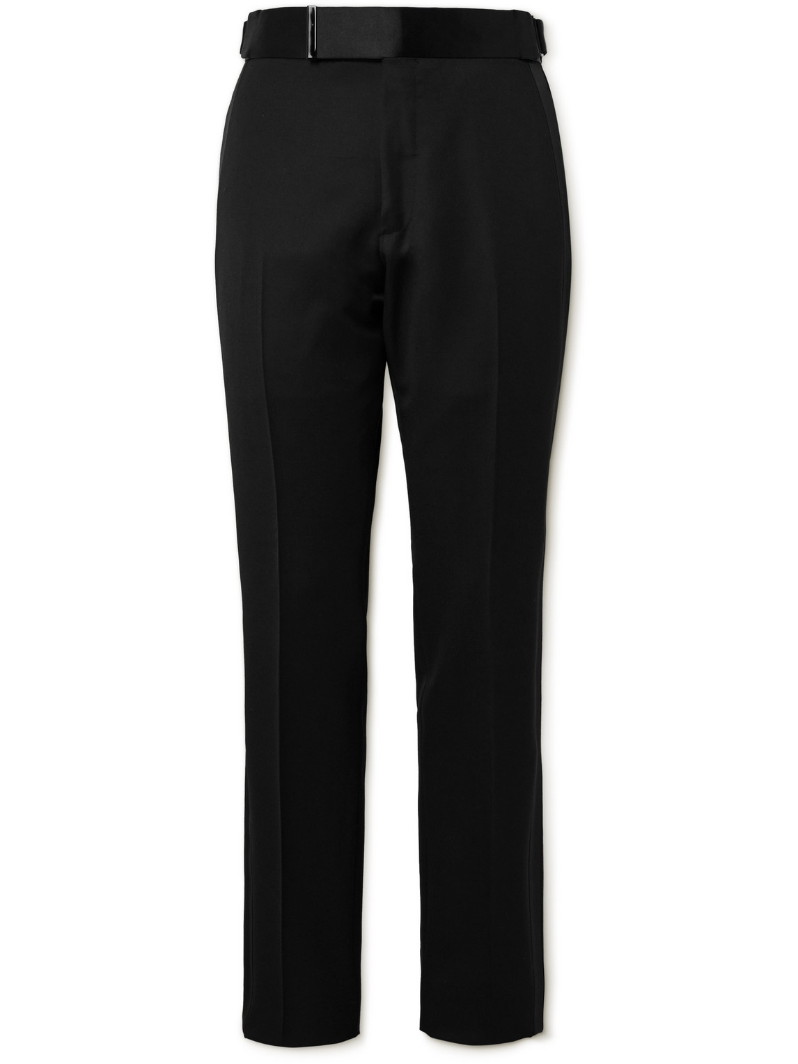 Tom Ford Straight-leg Belted Satin-trimmed Wool And Mohair-blend Tuxedo Trousers In Black