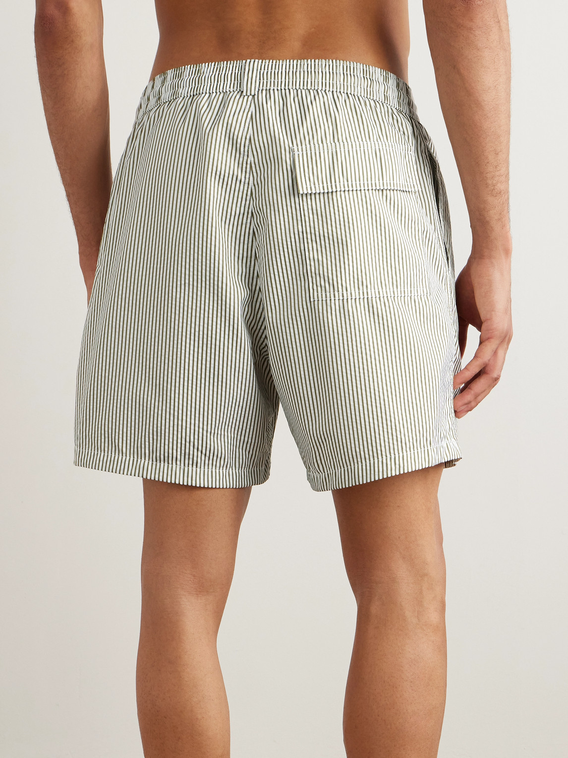 Shop Loro Piana Bay Straight-leg Mid-length Logo-print Striped Swim Shorts In Green