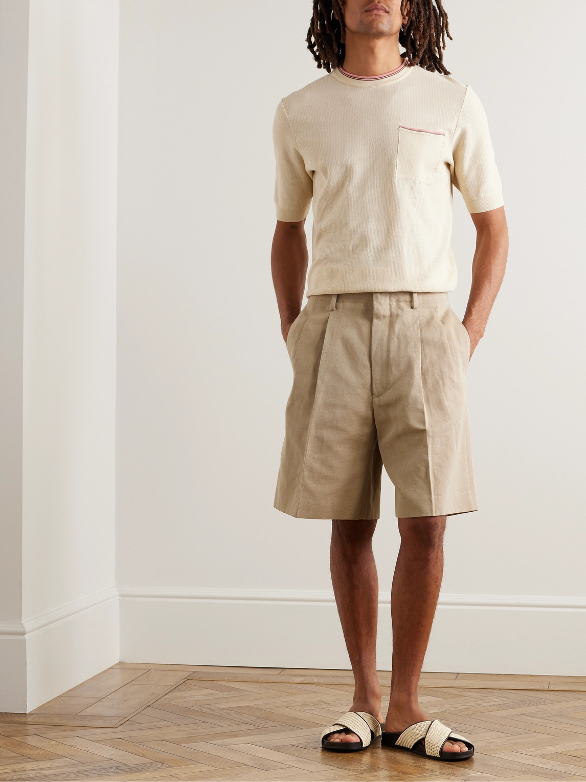 Shop Loro Piana Joetsu Wide-leg Pleated Cotton And Linen-blend Twill Shorts In Neutrals