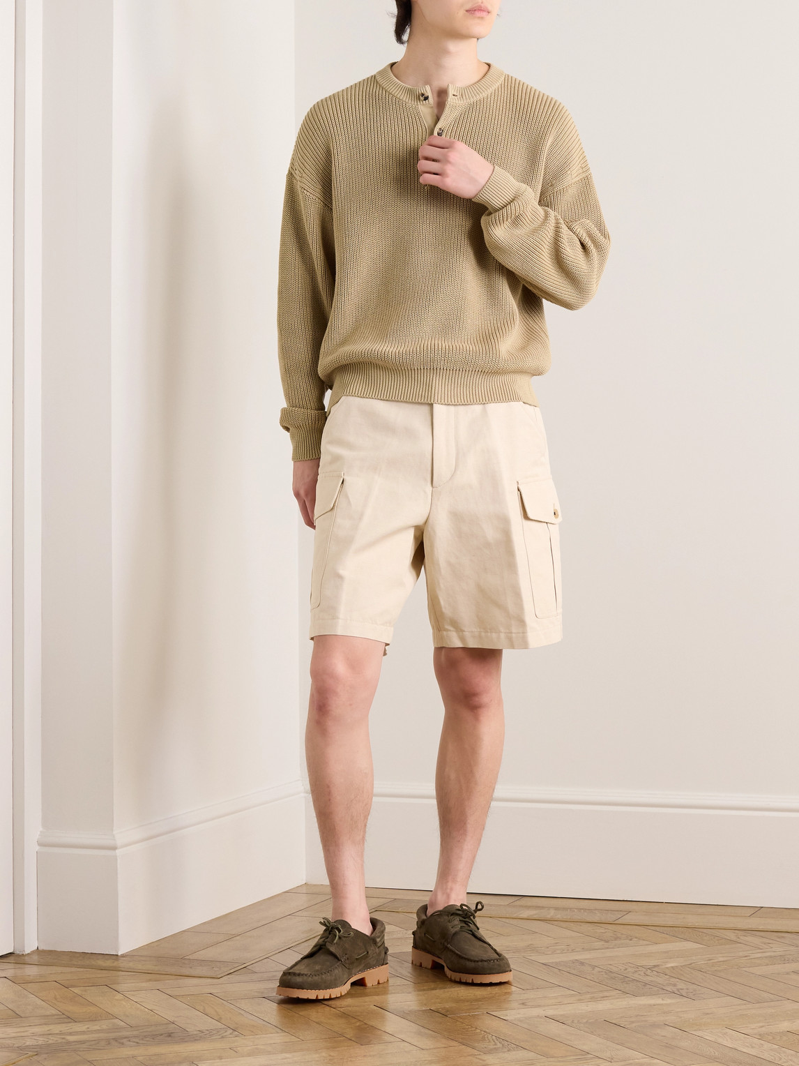 Loro Piana Ribbed Cotton Henley Sweater In Brown