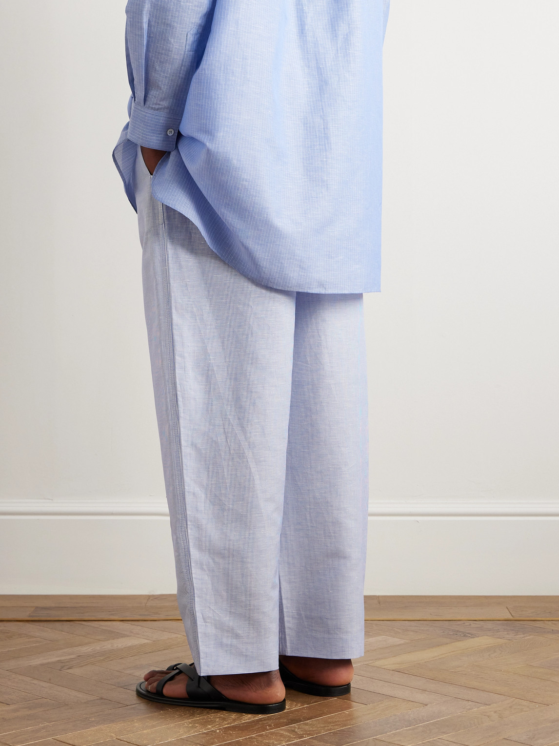 Shop Loro Piana Akanko Straight-leg Striped Linen And Cotton-blend Poplin Trousers In Blue