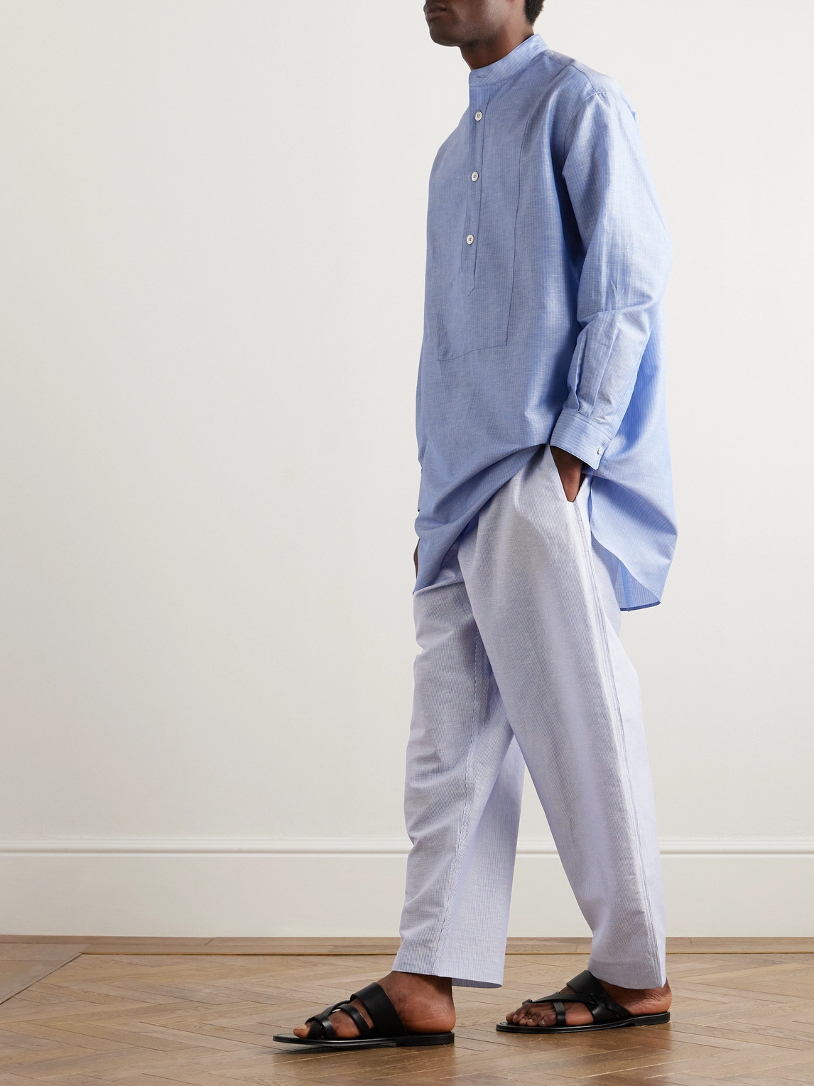 Shop Loro Piana Akanko Straight-leg Striped Linen And Cotton-blend Poplin Trousers In Blue