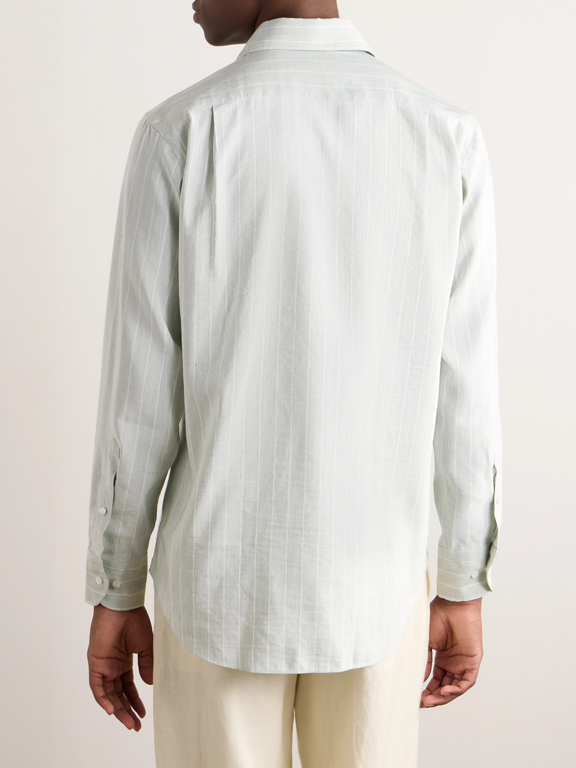 Shop Loro Piana Andre Camp-collar Striped Linen And Silk-blend Shirt In Green