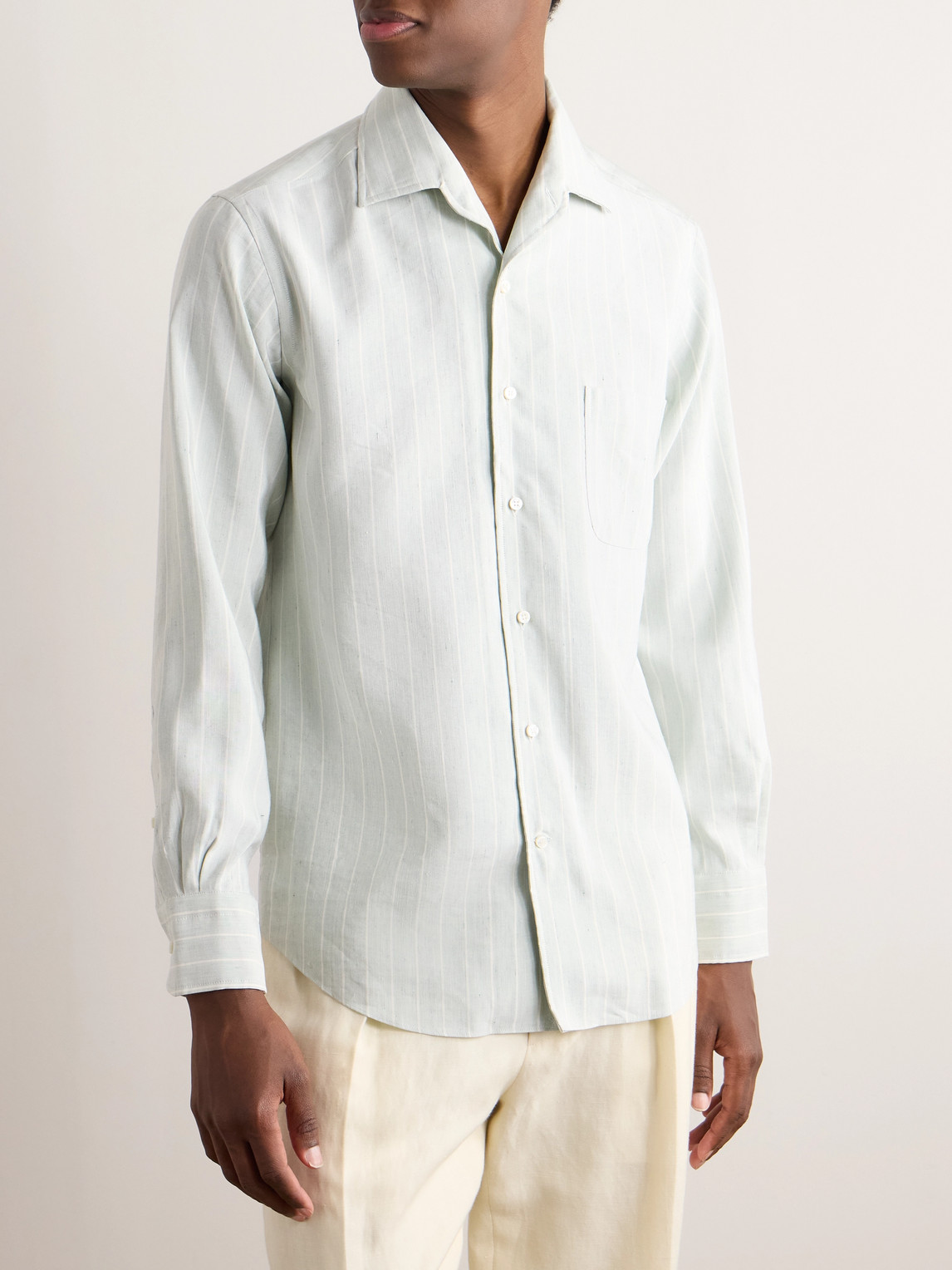 Shop Loro Piana Andre Camp-collar Striped Linen And Silk-blend Shirt In Green