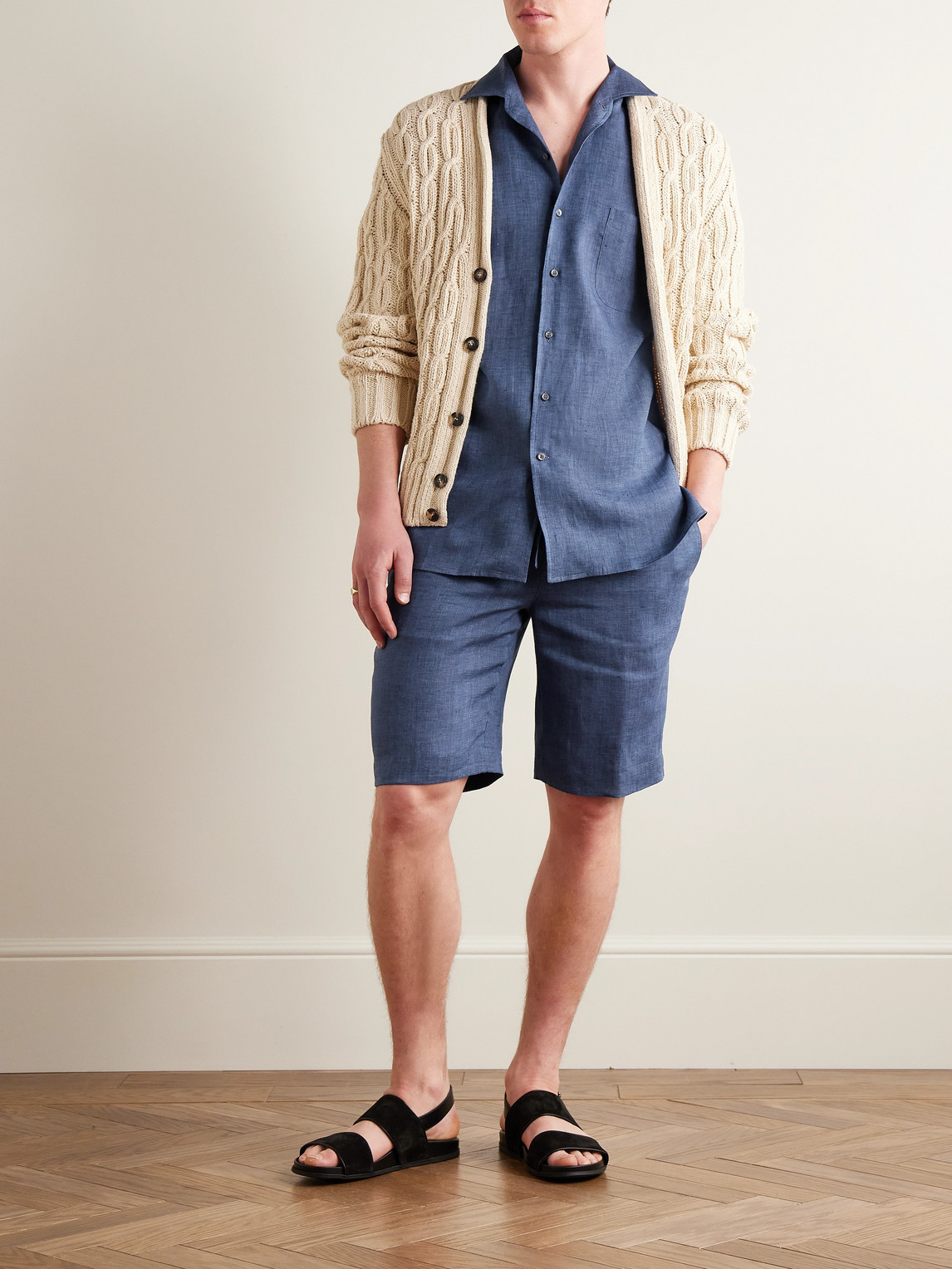 Shop Loro Piana Straight-leg Linen Drawstring Bermuda Shorts In Blue