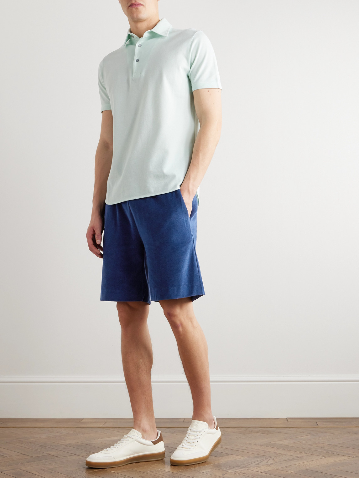 Shop Loro Piana Straight-leg Cotton And Silk-blend Chenille Drawstring Bermuda Shorts In Blue