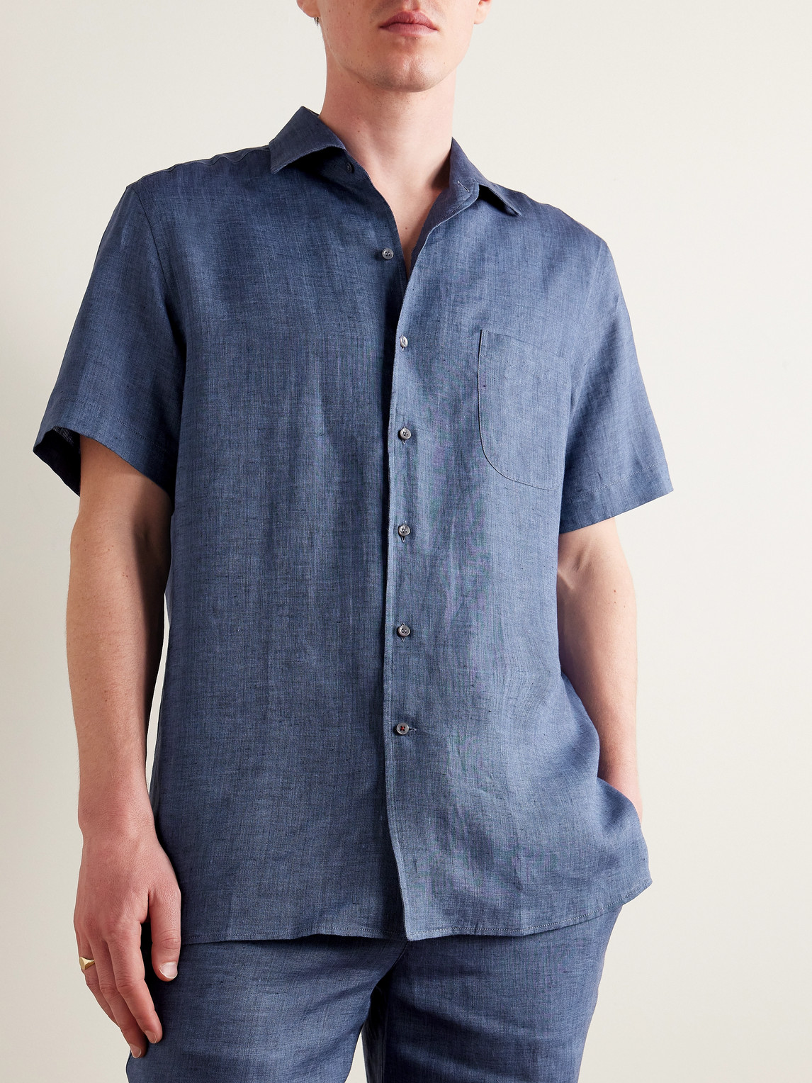 Shop Loro Piana André Camp-collar Linen Shirt In Blue