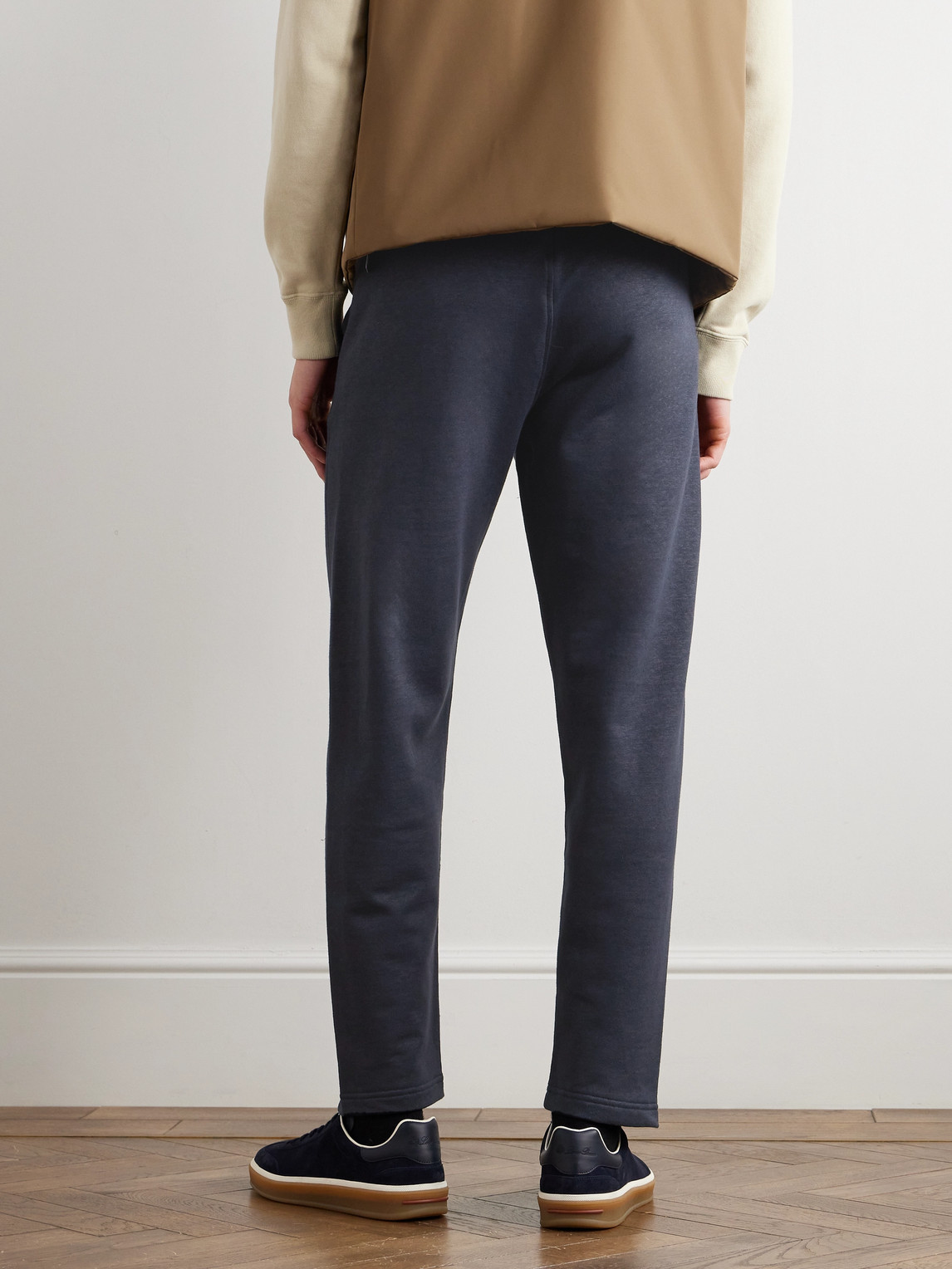 Shop Loro Piana Kawaguchi Slim-fit Straight-leg Cotton, Linen And Cashmere-blend Sweatpants In Blue