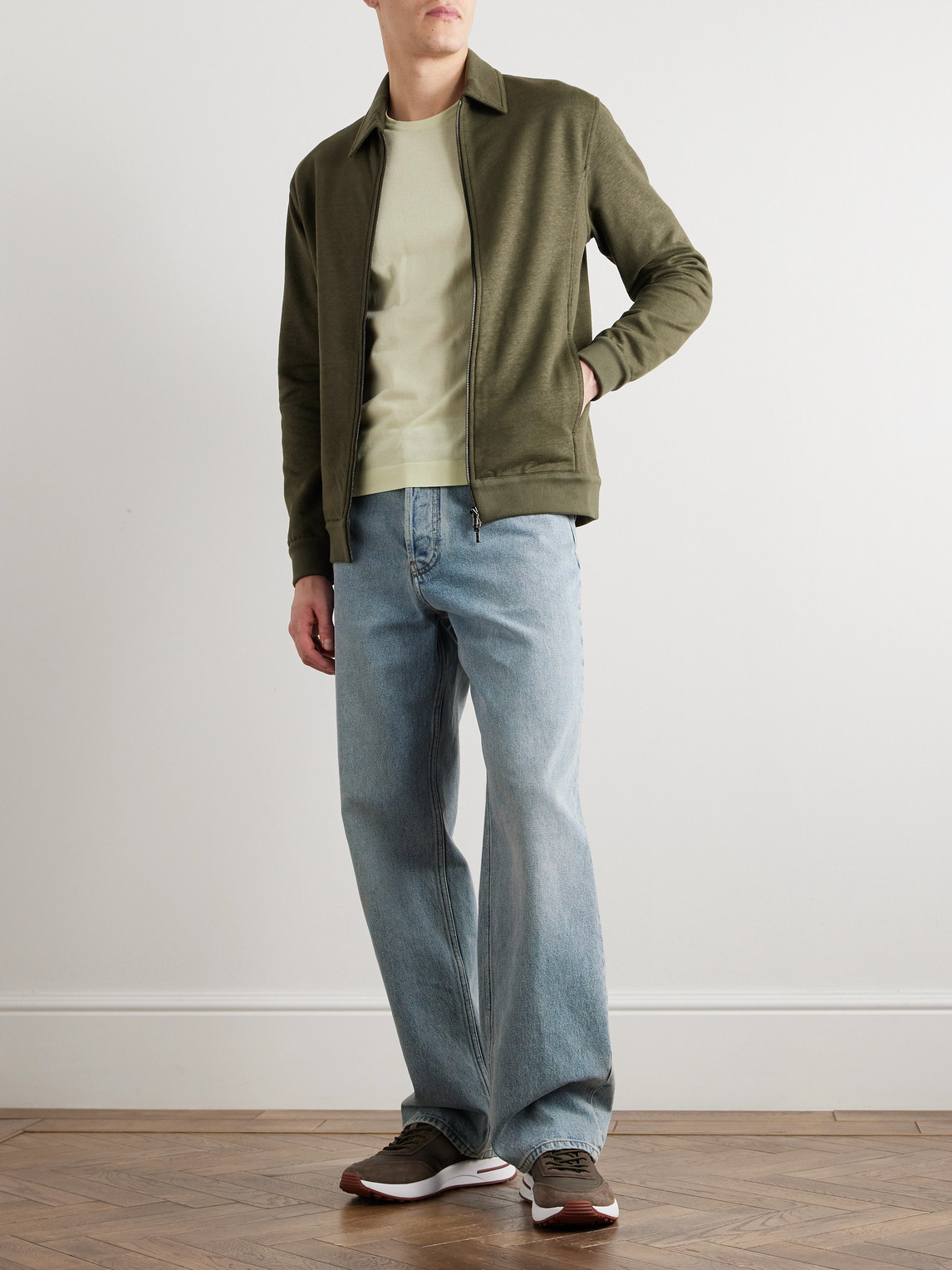 Shop Loro Piana Kawaguchi Cotton, Linen And Cashmere-blend Jersey Bomber Jacket In Green