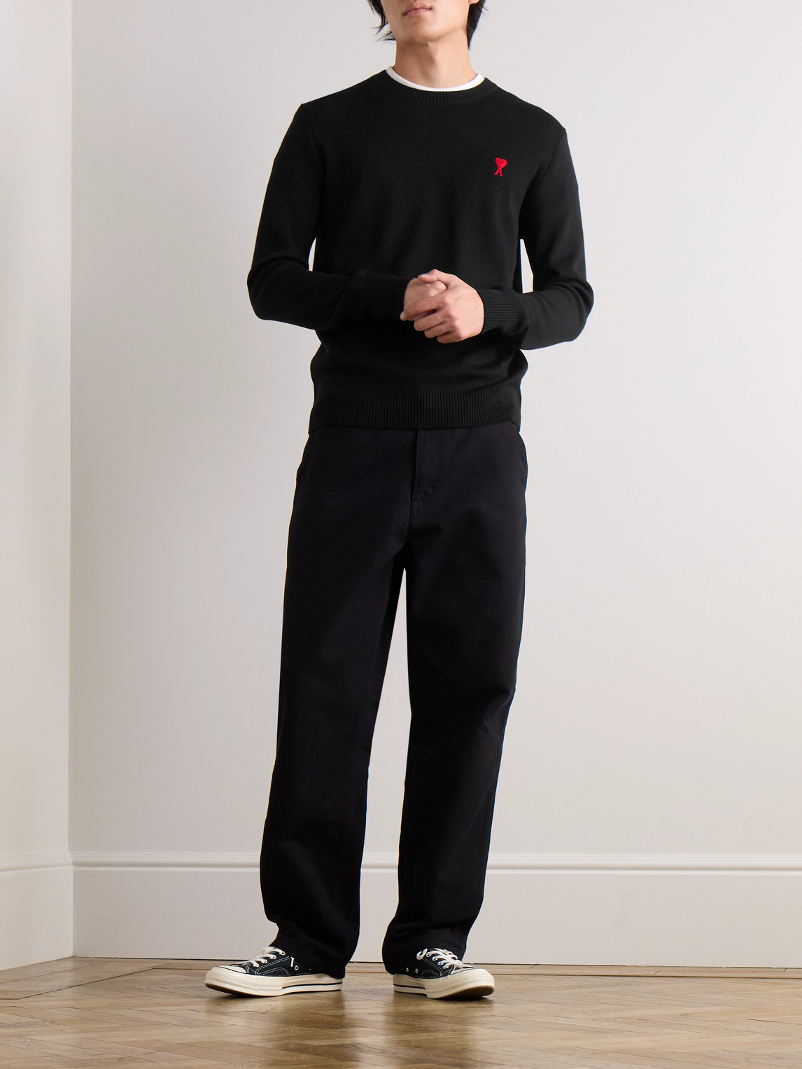 Ami Alexandre Mattiussi Ami Black Cotton Jersey Fleece Sweater With Monogram Motif In Black
