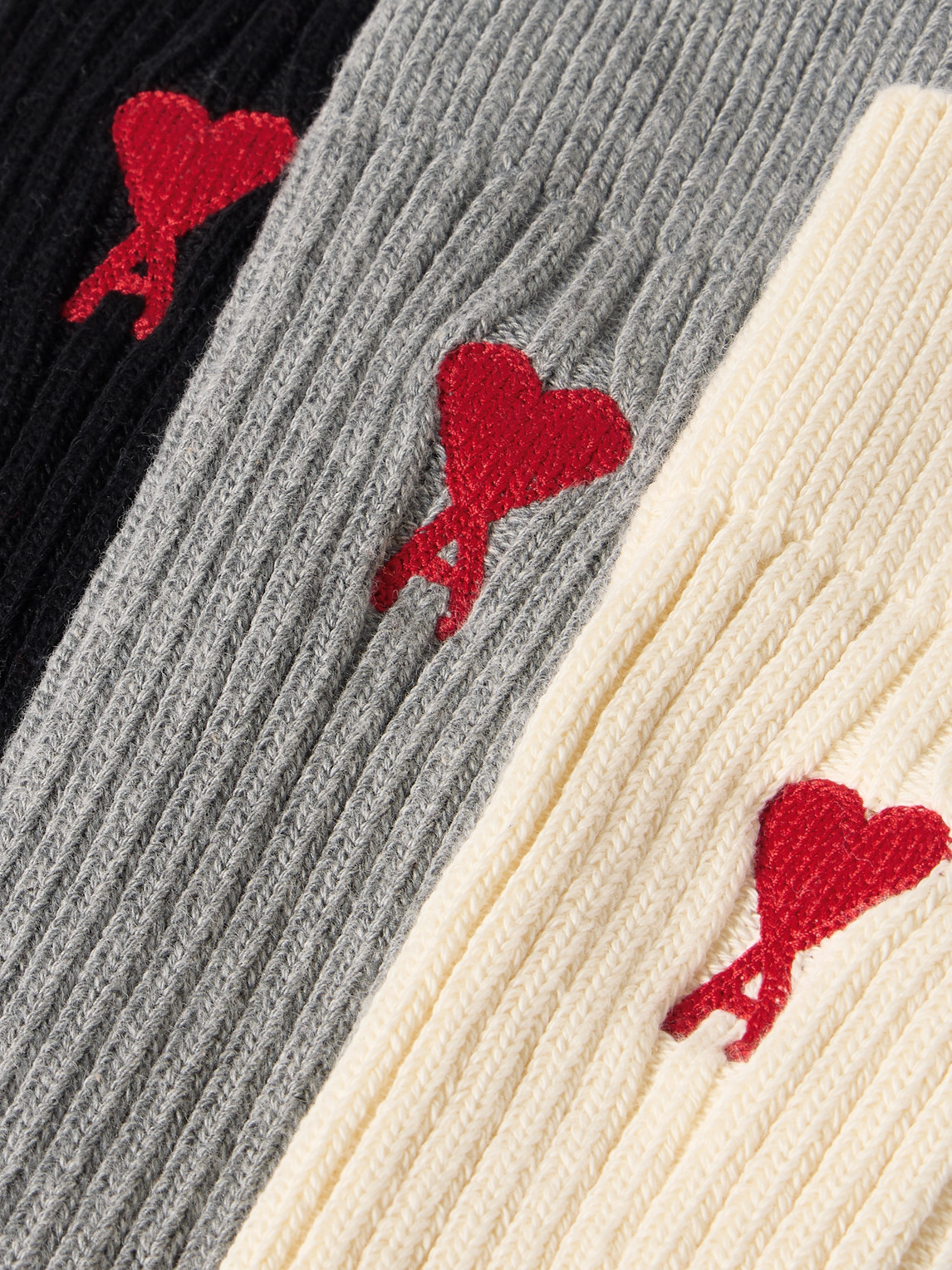 Shop Ami Alexandre Mattiussi Three-pack Logo-embroidered Ribbed Cotton-blend Socks In Neutrals