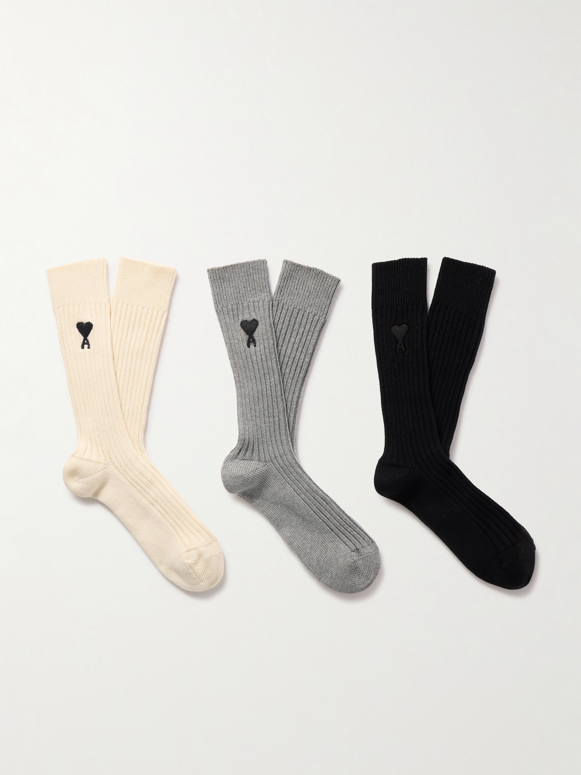 AMI PARIS Three-Pack Logo-Embroidered Ribbed Cotton-Blend Socks - Men