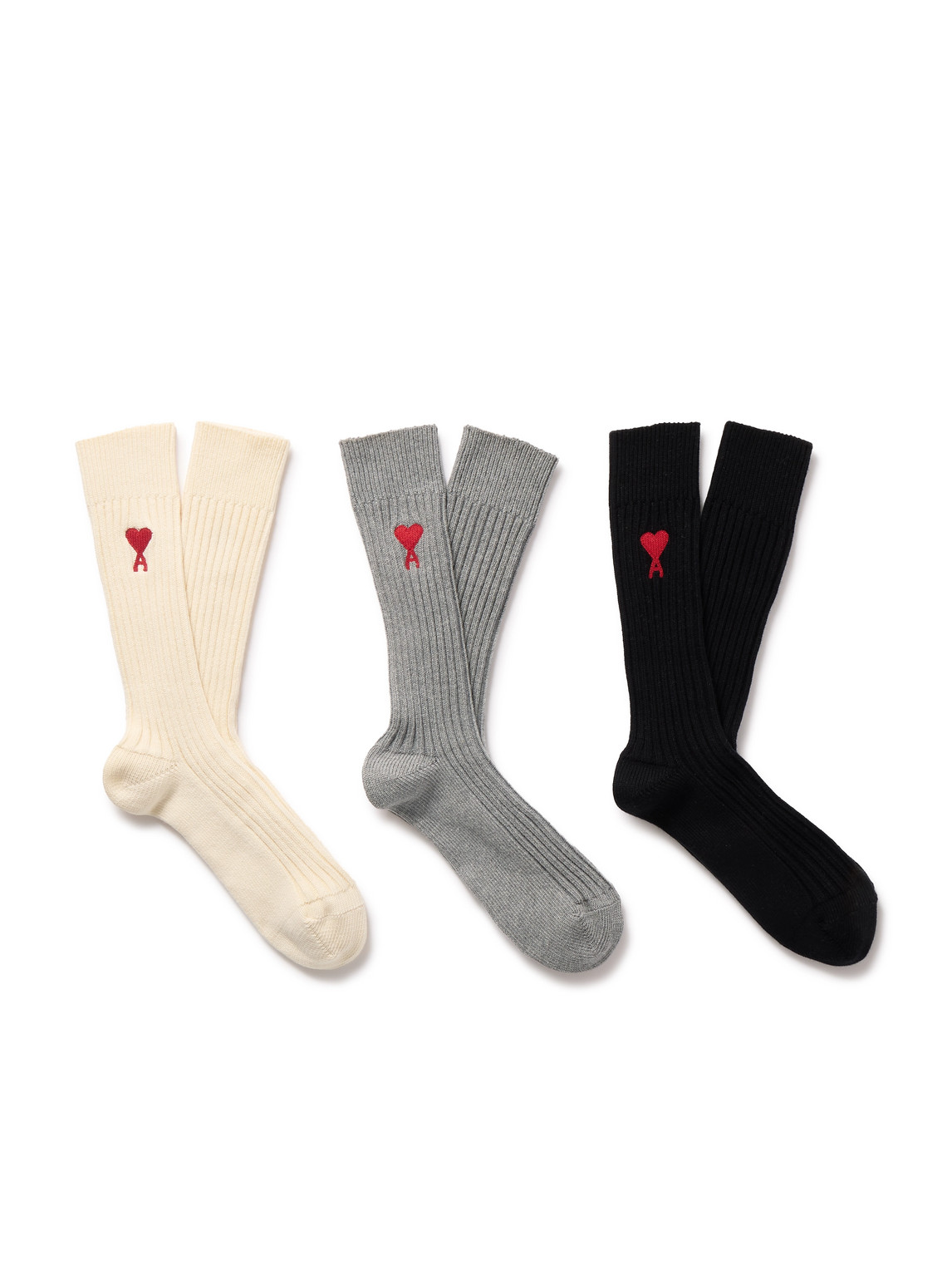 Shop Ami Alexandre Mattiussi Three-pack Logo-embroidered Ribbed Cotton-blend Socks In Neutrals