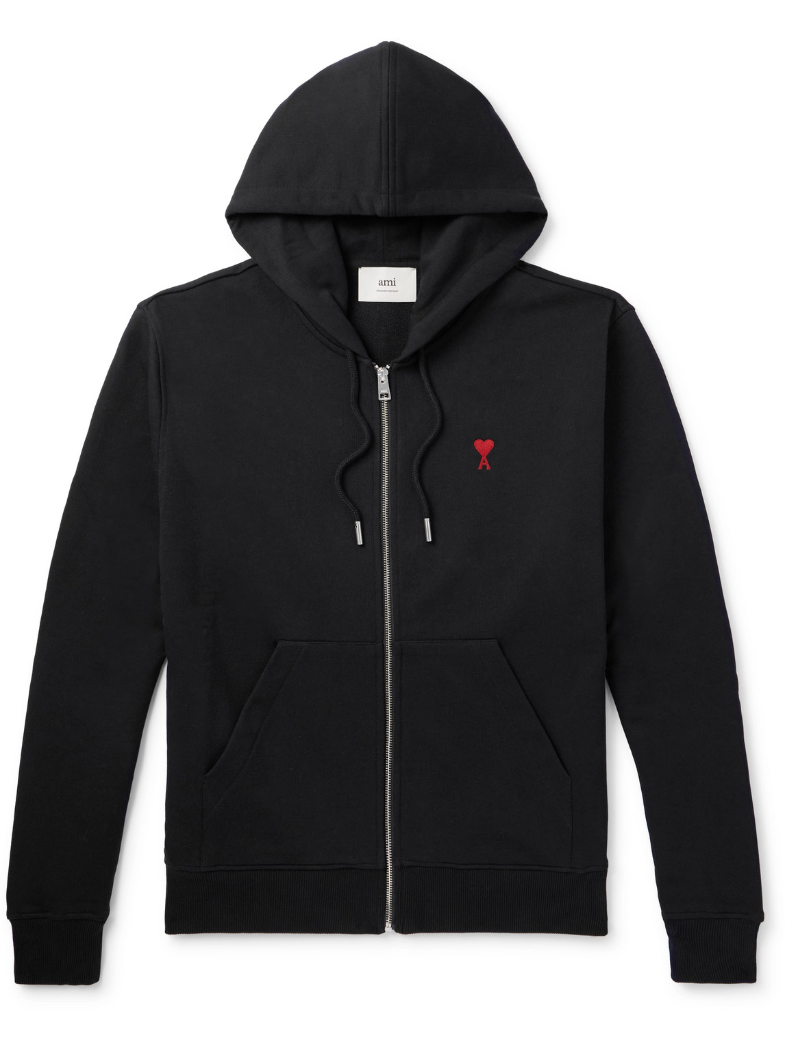 Ami Alexandre Mattiussi Logo-embroidered Cotton-blend Jersey Zip-up Hoodie In Black