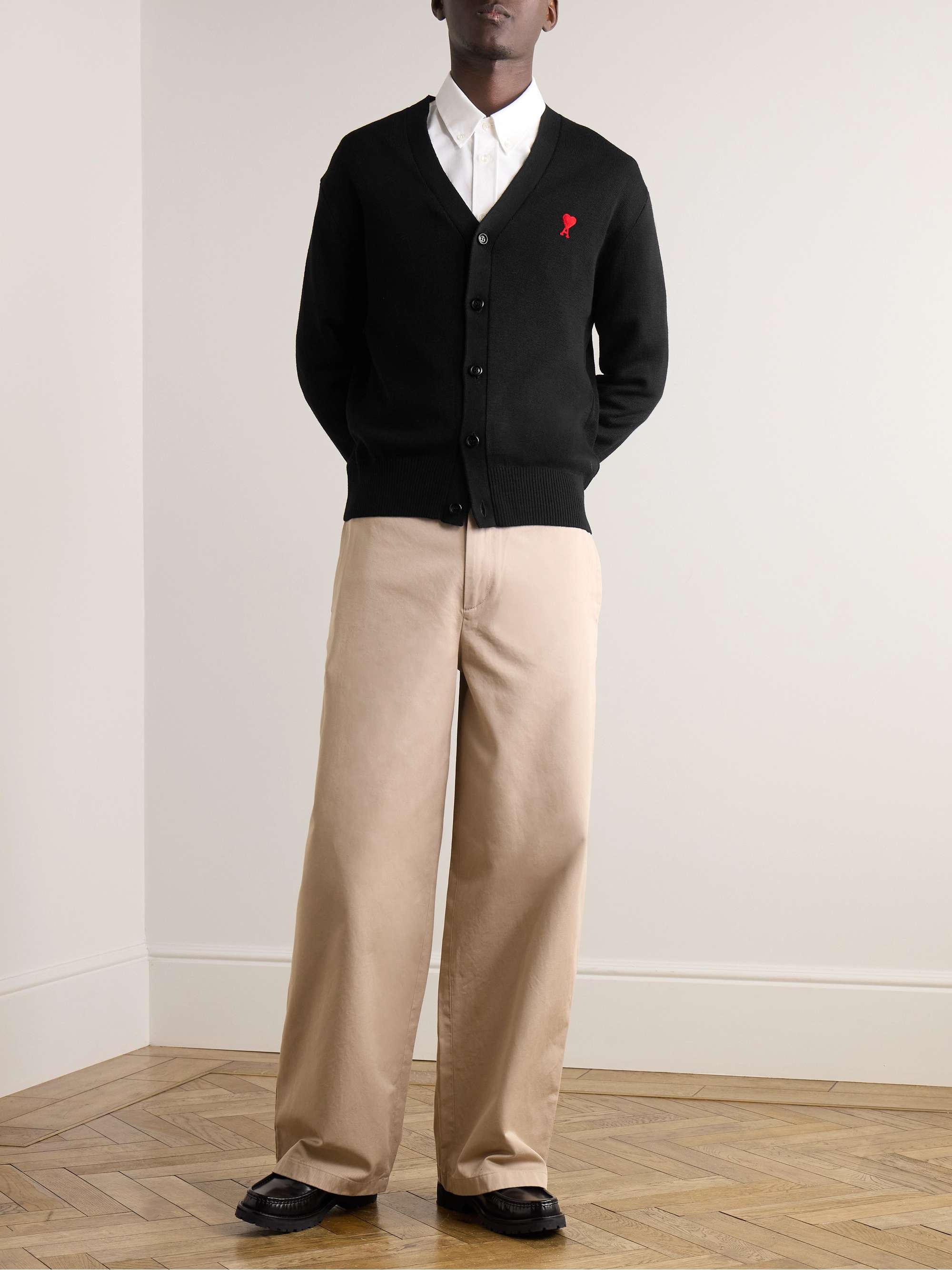 AMI PARIS Logo-Embroidered Virgin Wool Cardigan