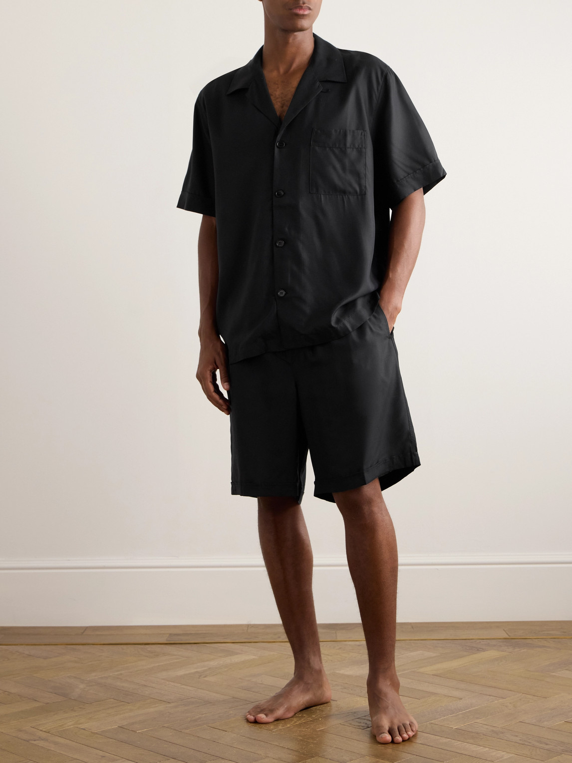 Shop Cdlp Convertible-collar Tencel™ Lyocell Poplin Pyjama Shirt In Black