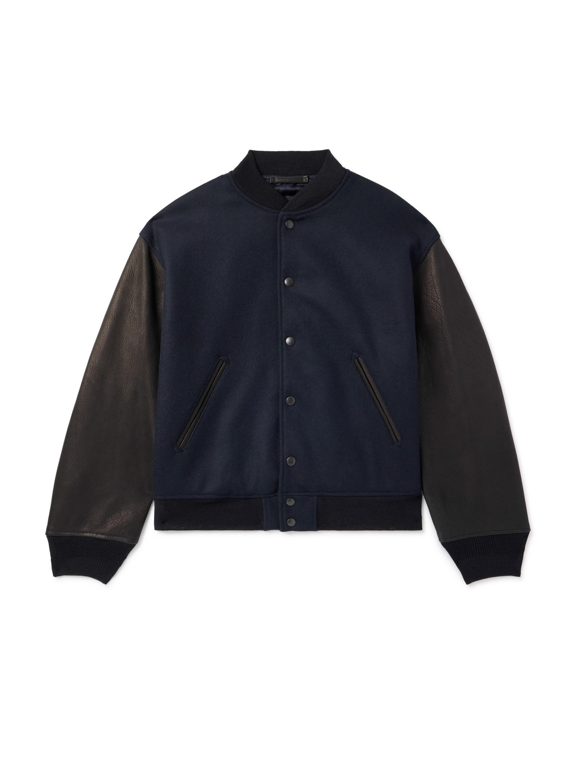 Kaptain Sunshine Award Full-grain Leather And Wool-twill Bomber Jacket In Blue
