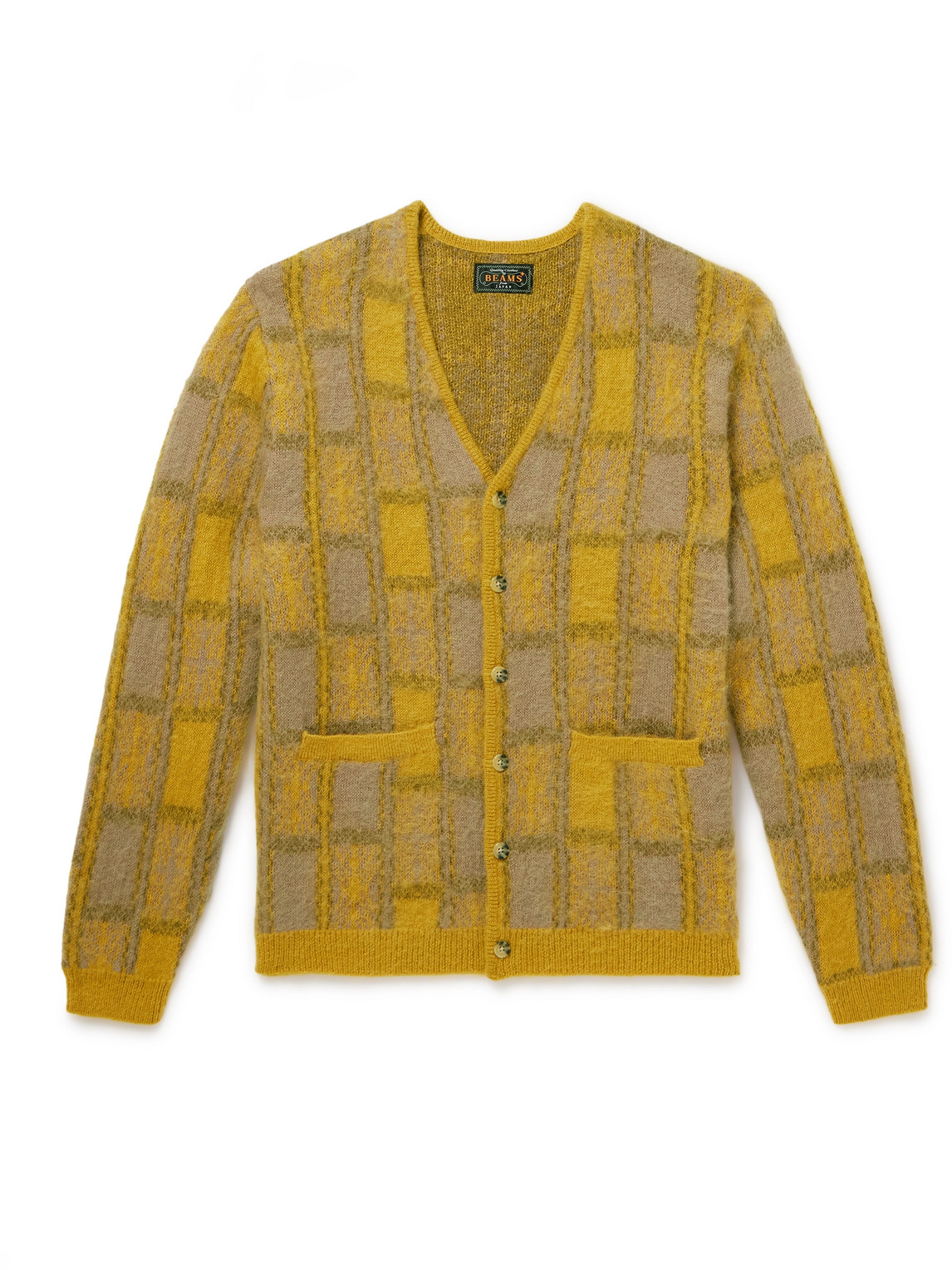 Beams Brushed Checked Jacquard Cardigan In Yellow