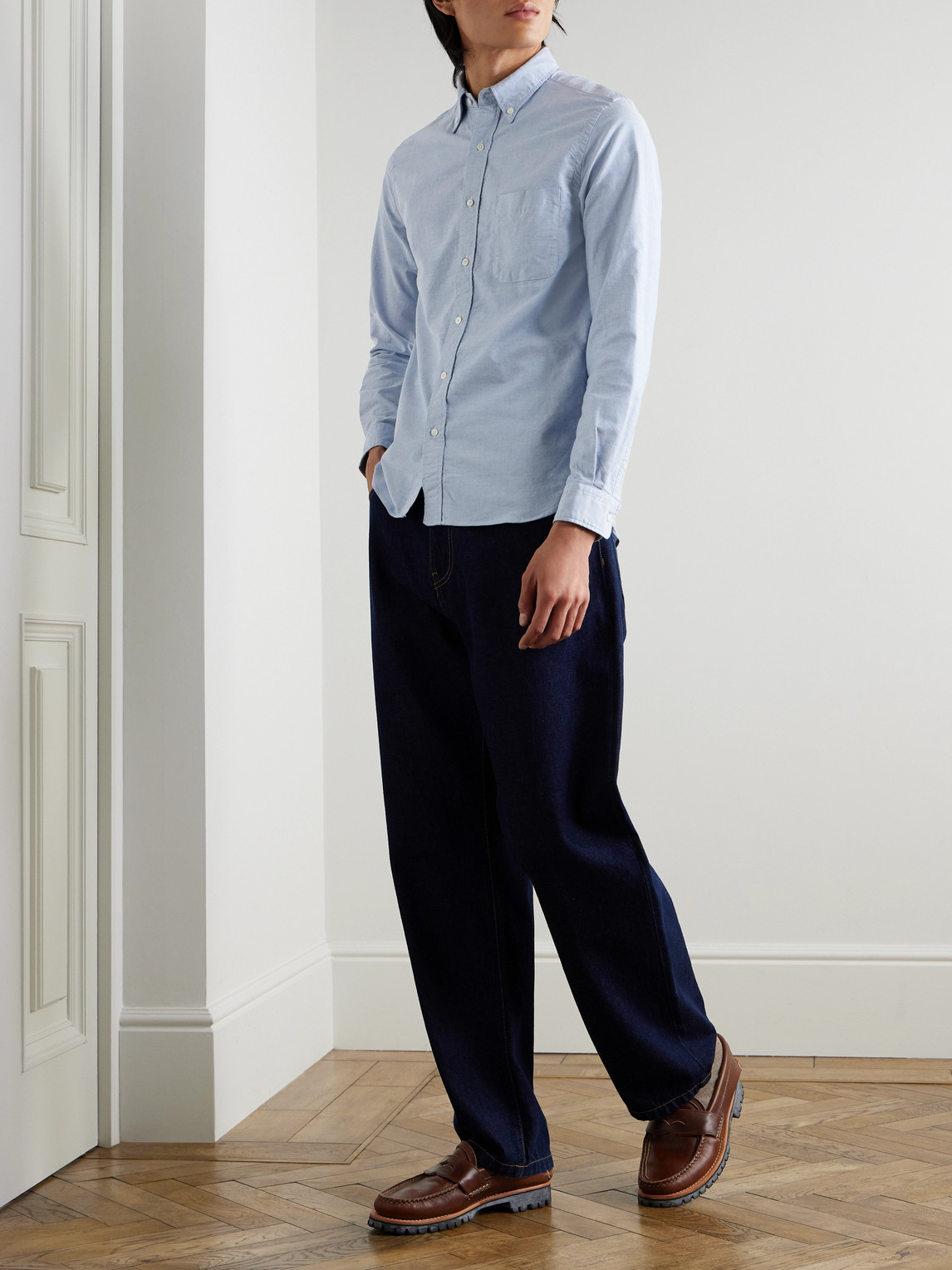 Beams Button-down Collar Cotton Oxford Shirt In Blue