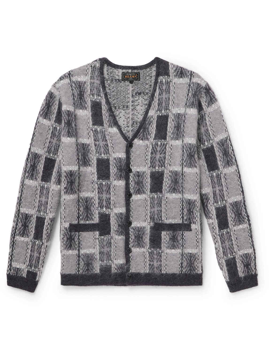 Beams Brushed Checked Jacquard Cardigan In Grey