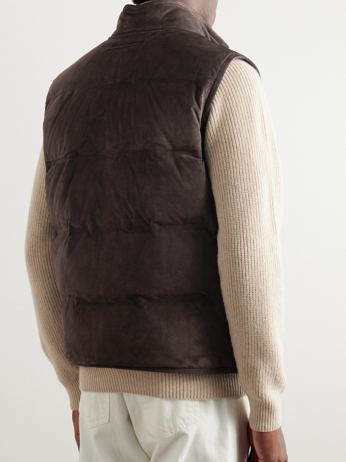 Shop Zegna Quilted Suede Down Gilet In Brown