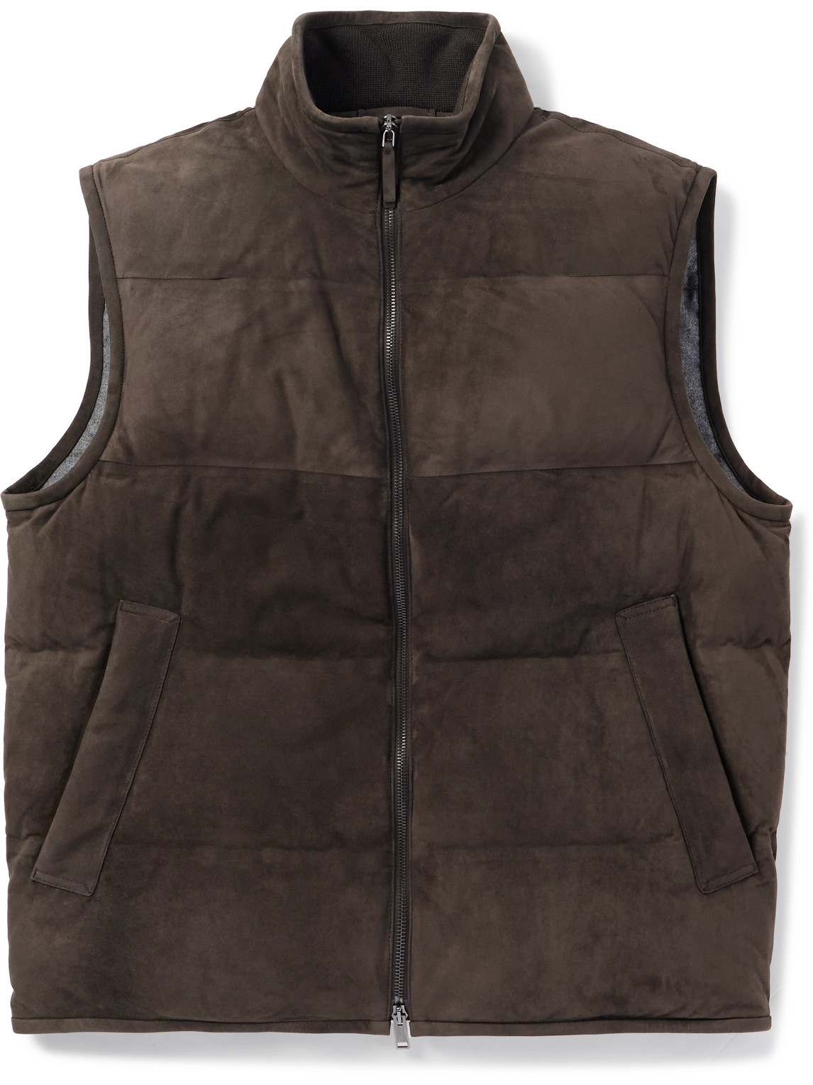 Zegna Quilted Suede Down Gilet In Brown