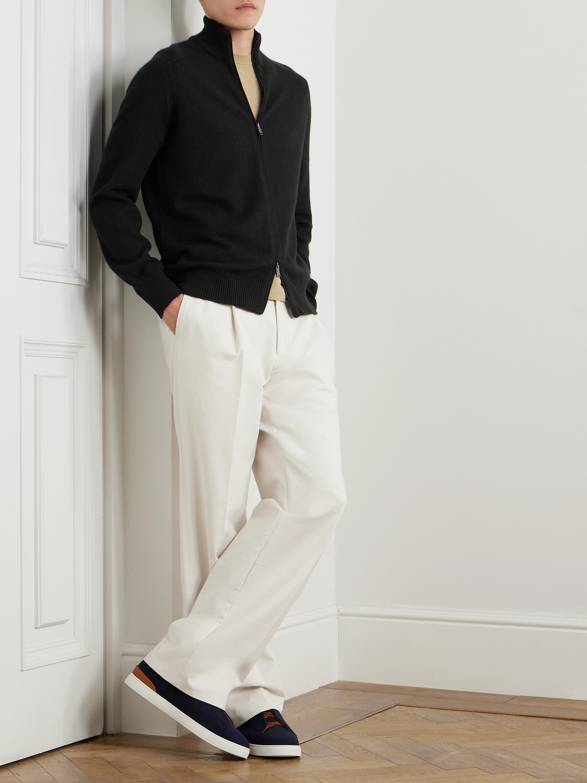 Zegna Logo-embroidered Cashmere And Silk-blend Cardigan In Black