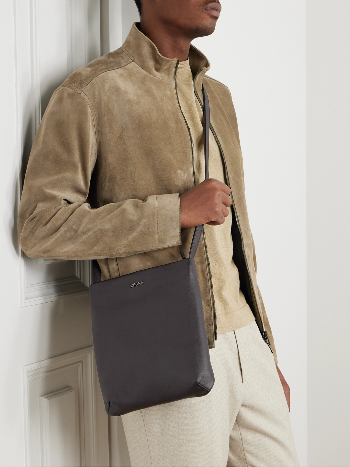 Zegna Secondskin Leather Messenger Bag In Brown