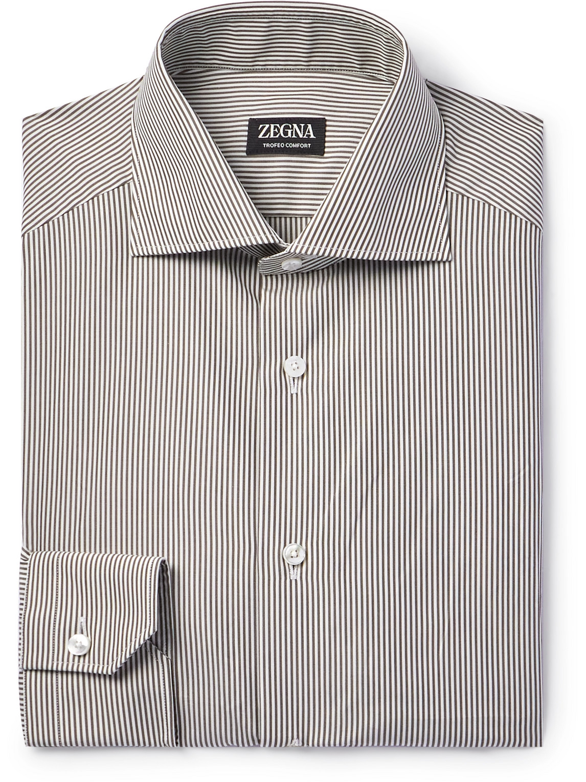 Zegna Cutaway-collar Striped Trofeo™ Shirt In Brown