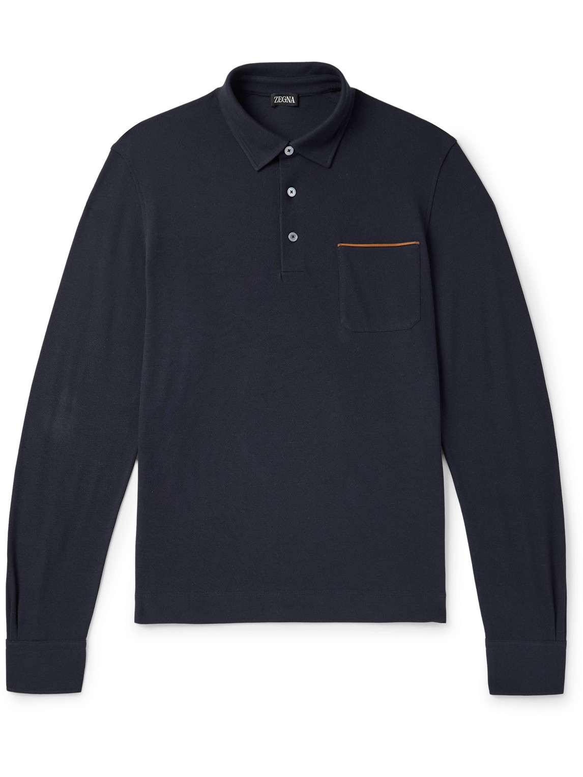 Zegna Slim-fit Suede-trimmed Cotton-piqué Polo Shirt In Blue