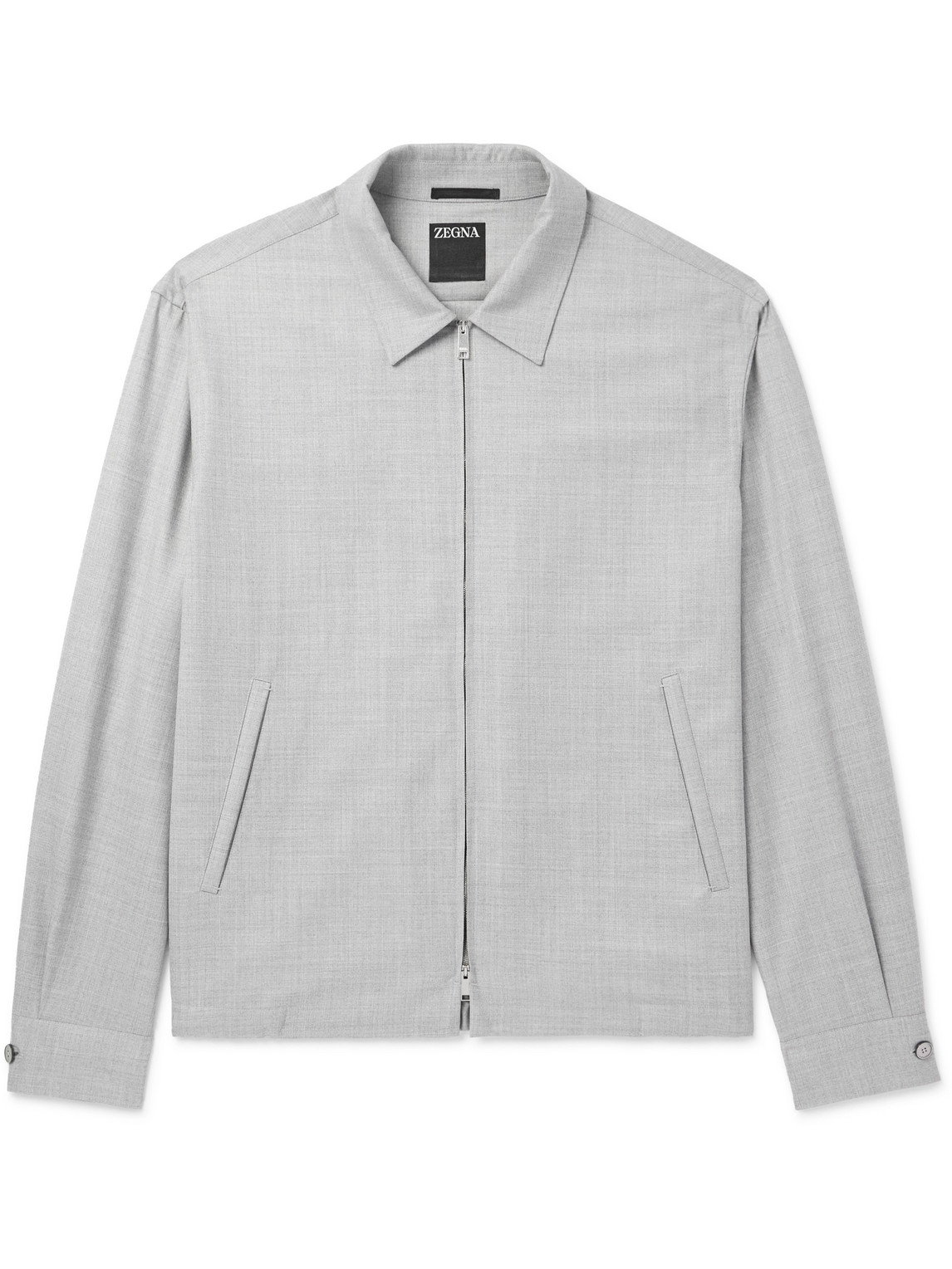 Logo-Appliquéd Leather-Trimmed Wool-Gabardine Harrington Jacket